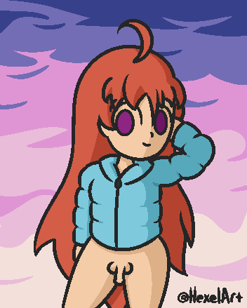 1dickgirl bottomless celeste_(game) cute hexelart jacket madeline_(celeste) red_hair showing_penis simple simple_shading small_balls small_cock small_penis solo solo_focus trans_woman transfem