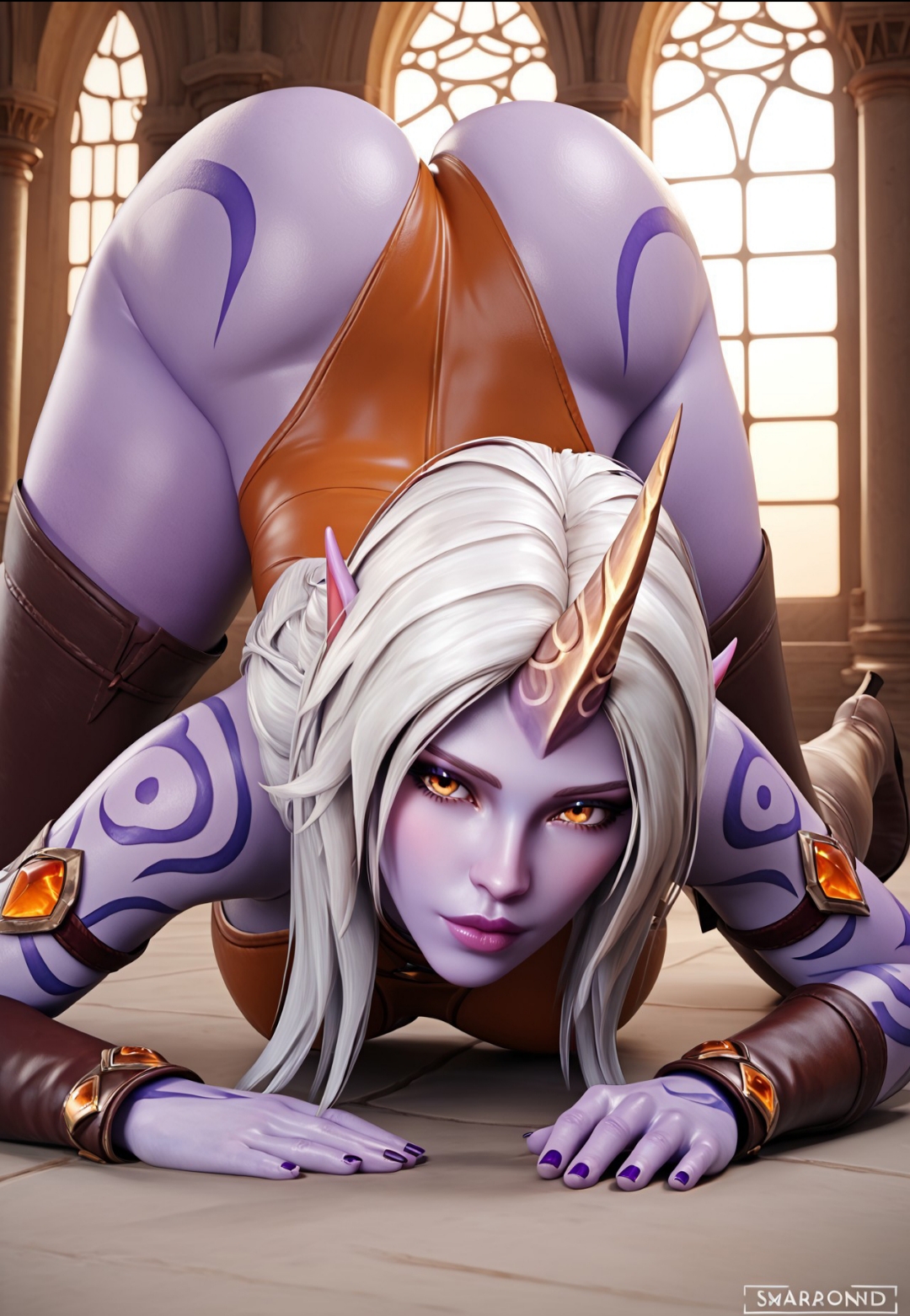 ai generated, all fours, ass up, big ass, boots, celestial (league of legends), curvy, dreamcuc, female, healslut, heeled boots, horn, league of legends, leotard, looking at viewer, pointy ears, purple body, purple skin, solo female, soraka, tall female, tattoo, thick thighs, white hair