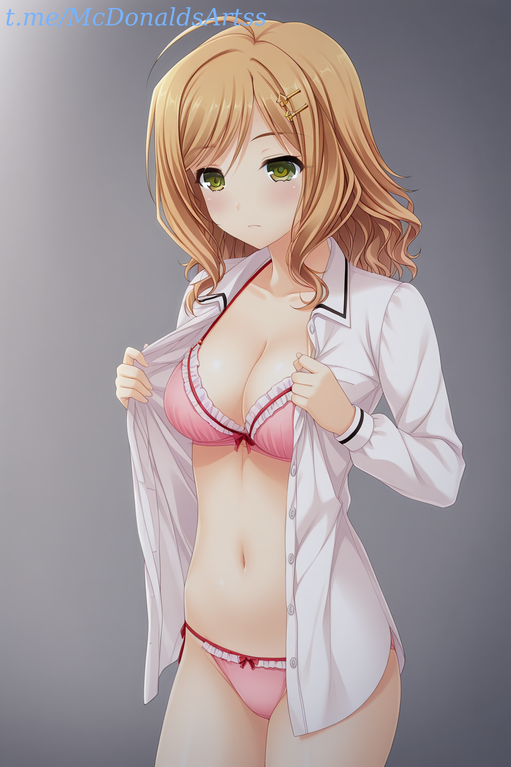 1female 1girl 1girls ahoge ai_generated blush bow bow_bra bow_panties bra breasts buttons cleavage closed_mouth collarbone collared_shirt commentary_request cowboy_shot dress_shirt female female_focus female_only frilled_bra frilled_panties frills frown gradient_background green_eyes grey_background hair_ornament hairclip light_frown long_hair long_sleeves medium_breasts navel no_pants open_clothes open_shirt opened_by_self panties pink_bra pink_panties shirt side-tie_panties solo standing stomach straight swept_bangs unbuttoned underwear undressing wavy_hair white_shirt wing_collar zelanell