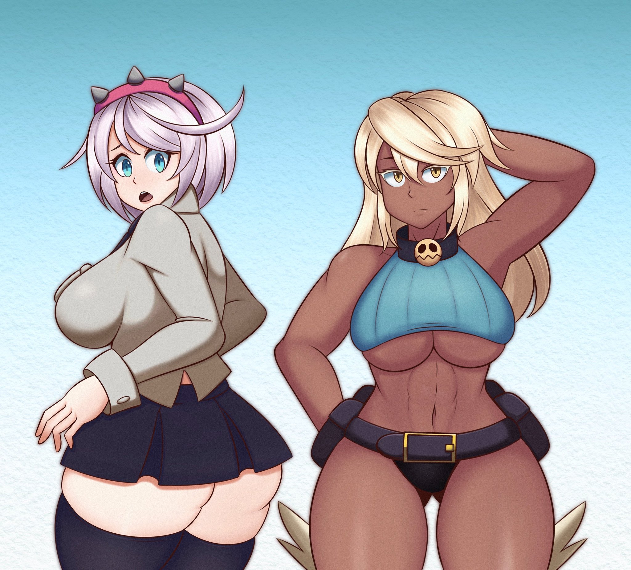 2girls, ass, back view, big ass, big butt, big thighs, big titties, breasts, cavendizh, clothing, commission, cosplay, curvaceous, curvaceous female, curvaceous figure, curvy, curvy figure, curvy hips, elphelt valentine, female, female only, filia (skullgirls), filia (skullgirls) (cosplay), guilty gear, long hair, looking at viewer, nadia fortune, nadia fortune (cosplay), ramlethal valentine, short hair, skullgirls, thigh highs, white hair, yellow hair