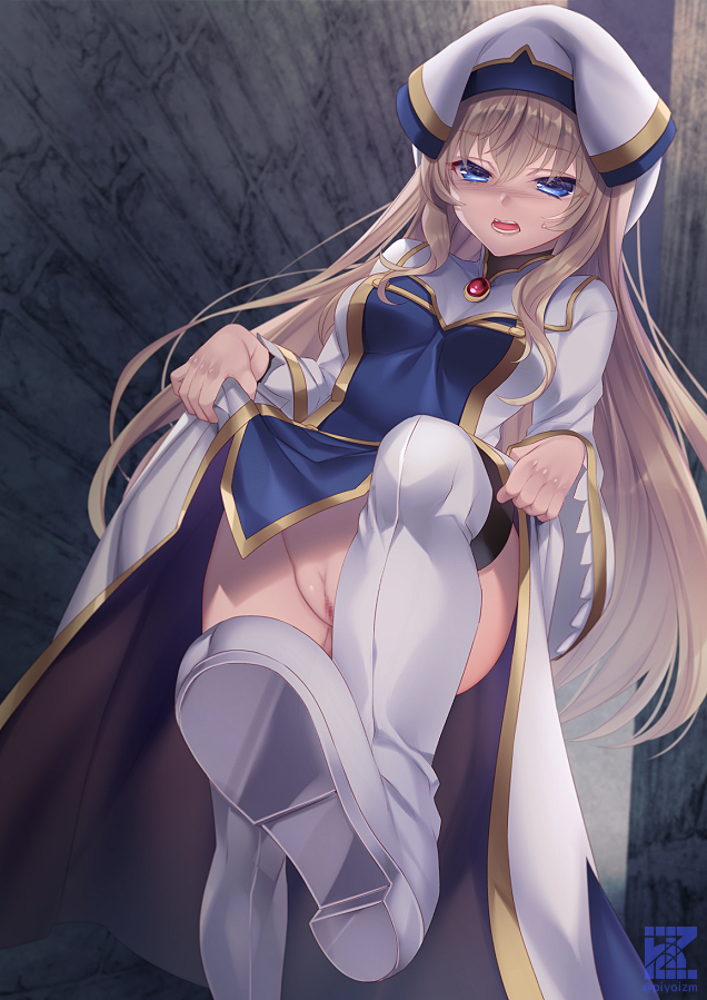 artist_name blonde_hair blue_eyes boots censored clothes_lift commentary_request cover cover_page dress dress_lift female goblin_slayer! hat lifting_own_clothes long_hair mosaic_censoring no_panties novel_cover open_mouth priestess priestess_(goblin_slayer!) pussy sanom smile solo teeth very_long_hair white_boots white_dress white_hat