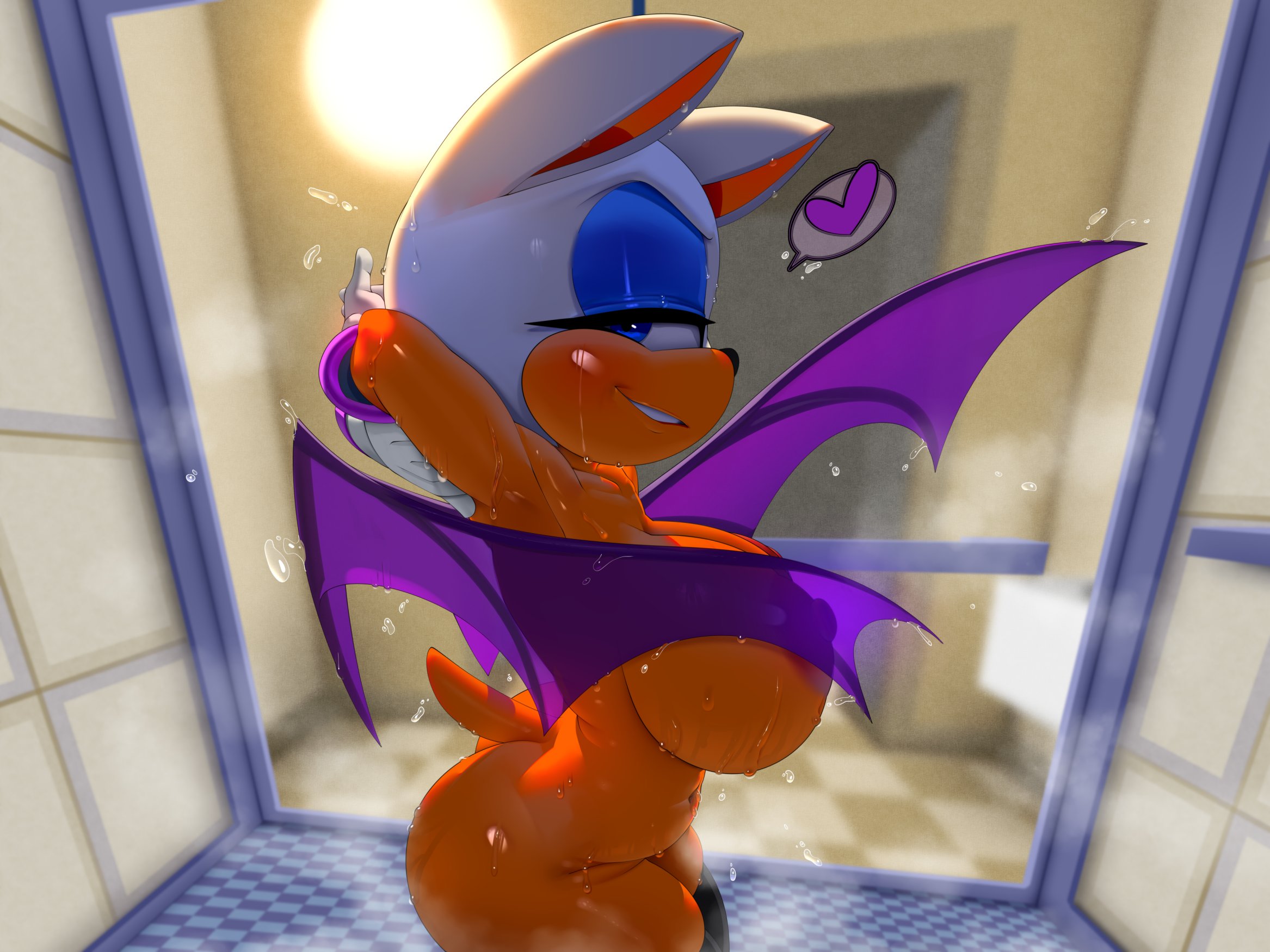 1girls, anthro, anthro only, ass, big areola, big ass, big breasts, big nipples, big thighs, breasts, breasts out, bubble ass, bubble butt, covering breasts, fat ass, female, furry, furry breasts, furry female, furry only, huge breasts, large breasts, looking at viewer, notboogie, rouge the bat, shortstack, shower, shower room, showering, sideboob, sonic (series), sonic the hedgehog (series), theboogie, thick, thick ass, thick legs, thick thighs, wings