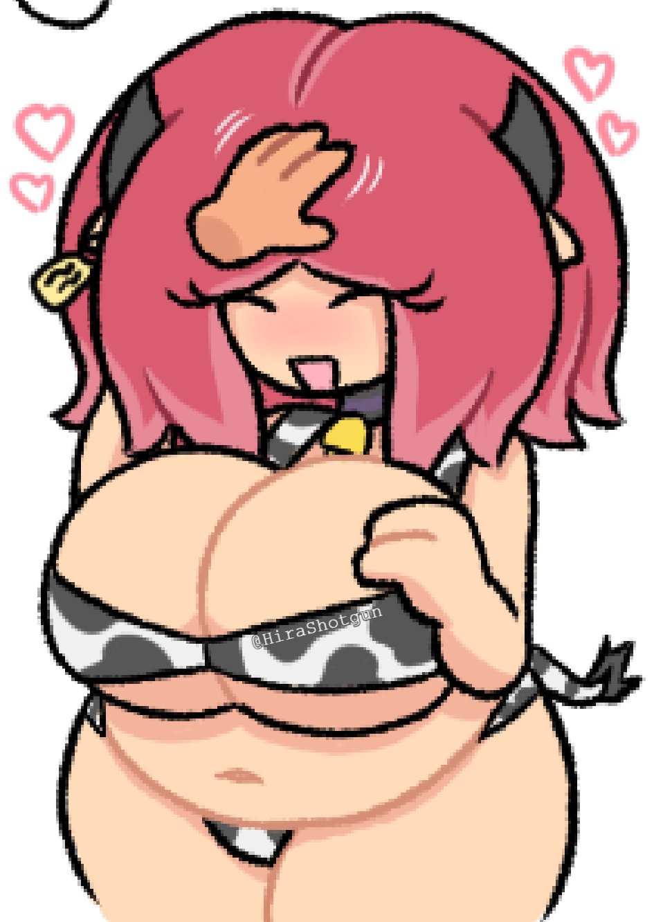 1girls, 2d, 2d (artwork), 2d artwork, artist name, big breasts, breasts, breasts bigger than head, chubby, chubby belly, chubby female, cleavage, closed eyes, cow ears, cow girl, cow horns, cow print, cow print bikini, cow print bra, cow print panties, cow tag, cow tail, cowbell, cowgirl, cowprint, cute, cute expression, cute face, eyelashes, female, happy, happy female, happy girl, heart, heart symbol, hearts around head, hira.shotgun, huge breasts, light skin, light-skinned female, mochi (hira.shotgun), original character, petting, petting head, pink hair, smile, smiling, smiling female, thick female, thick girl, thick legs, thick thighs, thighs, twitter username, unique style, wholesome