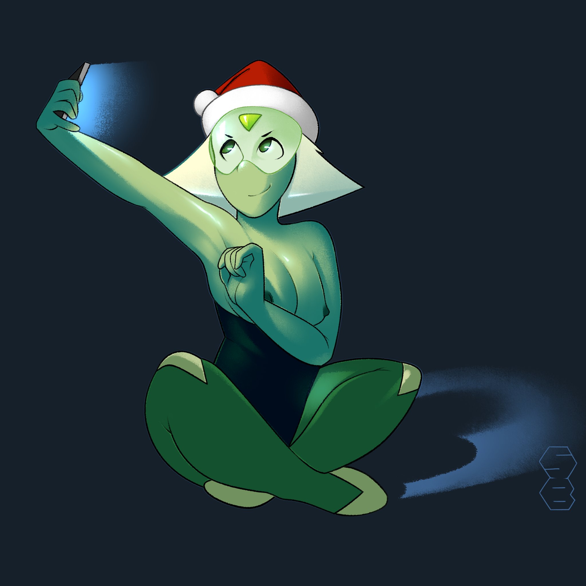 1:1 aspect ratio, breasts, christmas outfit, female, goggles, green skin, hat, holding object, holding smartphone, medium breasts, peridot (steven universe), santa hat, sitting, smartphone, smile, squishybolts, steven universe, topless