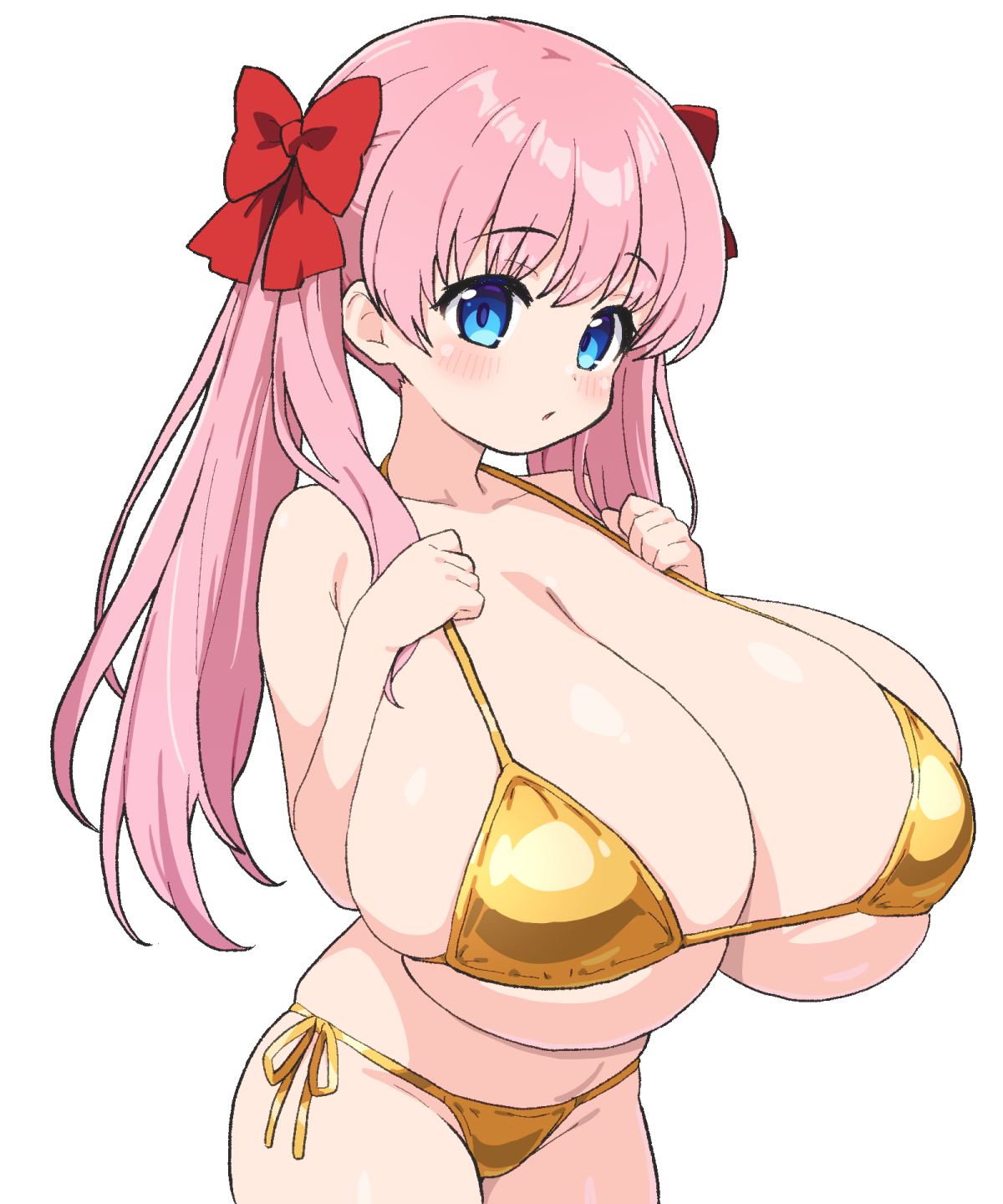 1girls, bangs, bare shoulders, big breasts, bikini, blue eyes, blush, breasts, cleavage, clothing, collarbone, eyebrows visible through hair, eyelashes, female, female focus, female only, gigantic breasts, gold bikini, hair ribbon, haramura nodoka, highres, hips, huge breasts, human, large breasts, long hair, looking at viewer, micro bikini, parted lips, pink hair, pinup, revealing clothes, saki, shiny skin, shirogane hakuba, shortstack, side-tie bikini, sideboob, simple background, skimpy, skindentation, solo, solo female, swimsuit, thighs, tied hair, top heavy, twintails, underboob, voluptuous, white background