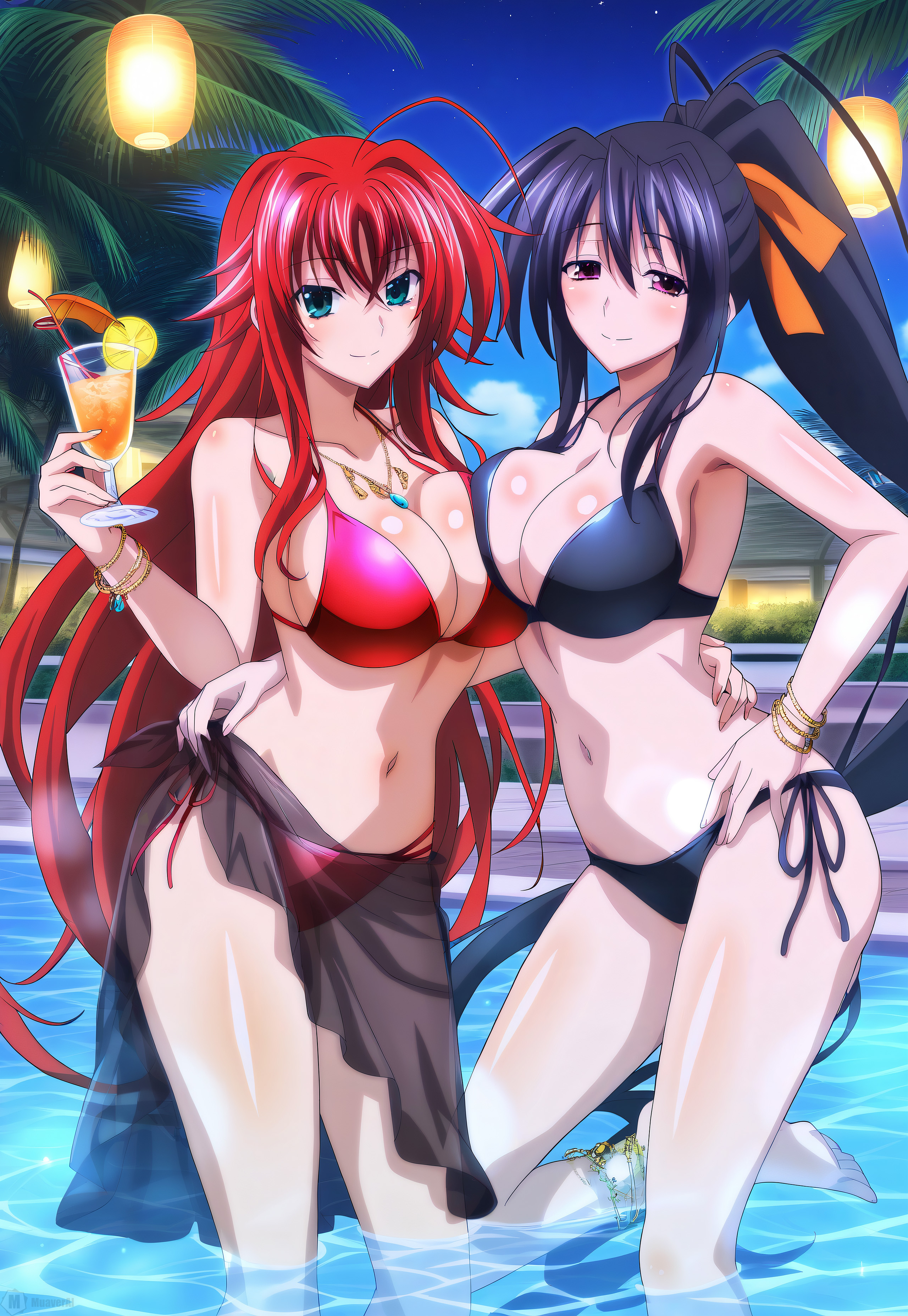 2girls, ai generated, akeno himejima, antenna hair, ass, big ass, big breasts, bikini, black bikini, black-haired female, blue green eyes, blush, breast press, breast to breast, breasts, cocktail, crimson-haired female, crossed bangs, curvy, curvy female, female, female only, gold anklet, gold anklets, gold bracelet, gold bracelets, gold necklace, grabbing another's waist, hair ribbon, high ponytail, high school dxd, huge ahoge, hugging each other, lantern, lanterns, lesbian couple, light skin, light-skinned female, loose hair, muaver ai, night, orange ribbon, outdoors, palm tree, pool, red bikini, rias gremory, smile, steam, thick thighs, very long ponytail, very long-haired female, violet eyes, voluptuous female, wide hipped female, yuri