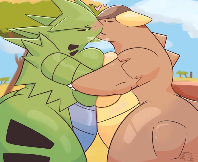 2d, 2girls, anthro, big breasts, blush, bodily fluids, breast squish, breasts, breasts frottage, brown body, closed eyes, cloud, cowboy shot, curvy, curvy figure, digital media, drooling, duo, female, female only, female/female, furry, generation 1 pokemon, generation 2 pokemon, green body, heart symbol, hug, huge breasts, interspecies, kangaskhan, making out, multicolored body, multiple females, multiple girls, nintendo, nude, pokemon, pokemon (species), rxmenxxdz, saliva, saliva string, saliva trail, squish, thick thighs, tyranitar, voluptuous, yuri