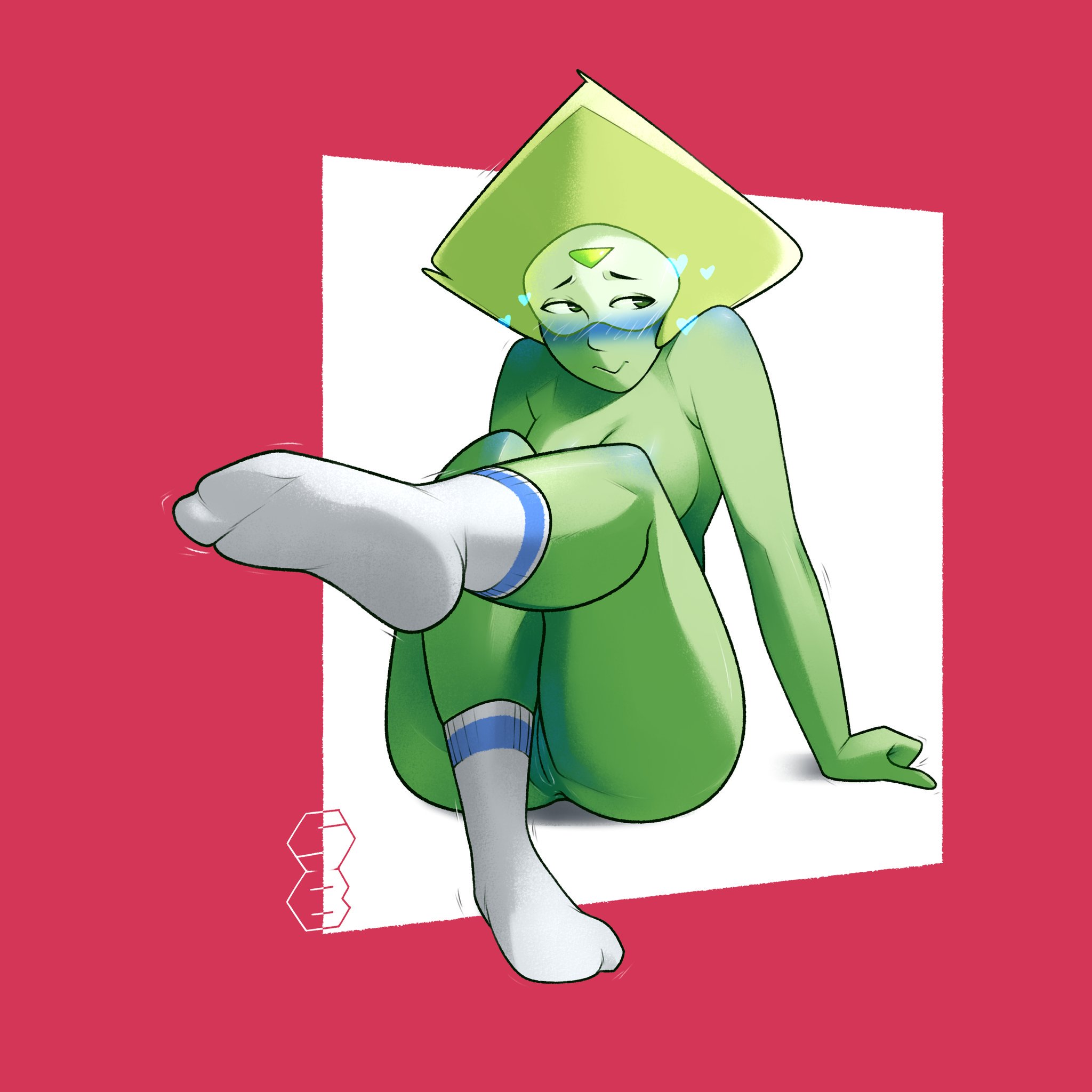 1:1 aspect ratio, female, goggles, green skin, nude, peridot (steven universe), pussy, sitting, socks, squishybolts, steven universe, vagina