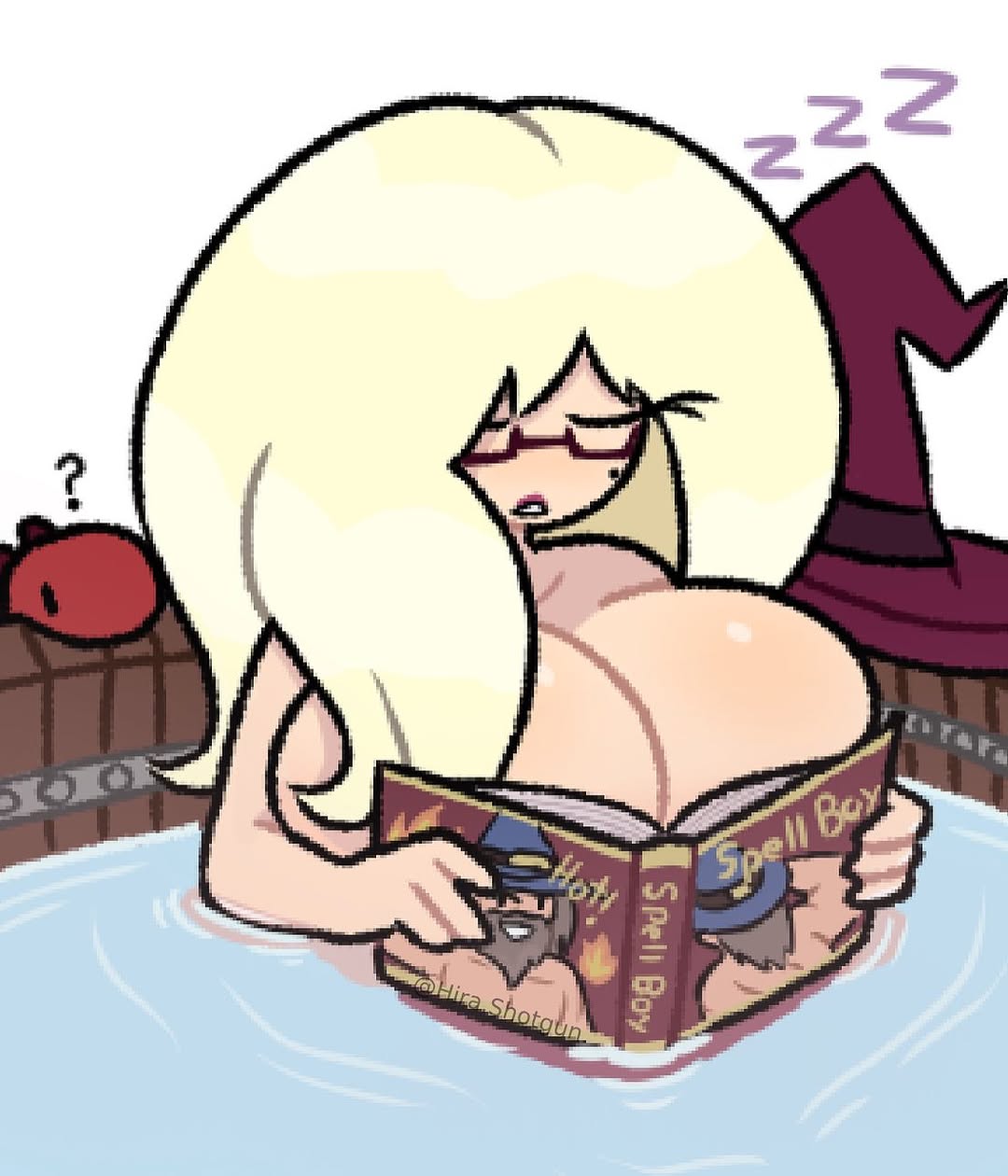 1female 1girls 2d 2d_(artwork) 2d_artwork artist_name asleep beauty_mark big_breasts blonde_female blonde_hair blonde_hair_female boobs_pressed book_covering_breasts book_on_breasts breasts breasts_bigger_than_head breasts_press breasts_squish cleavage closed_eyes glasses hira.shotgun hot_tub huge_breasts in_water large_breasts light-skinned_female light_skin madame_velours original_character pet_dinosaur question_mark relaxing sleeping solo_female solo_focus twitter_username unique_style wet wet_body witch witch_hat zzz