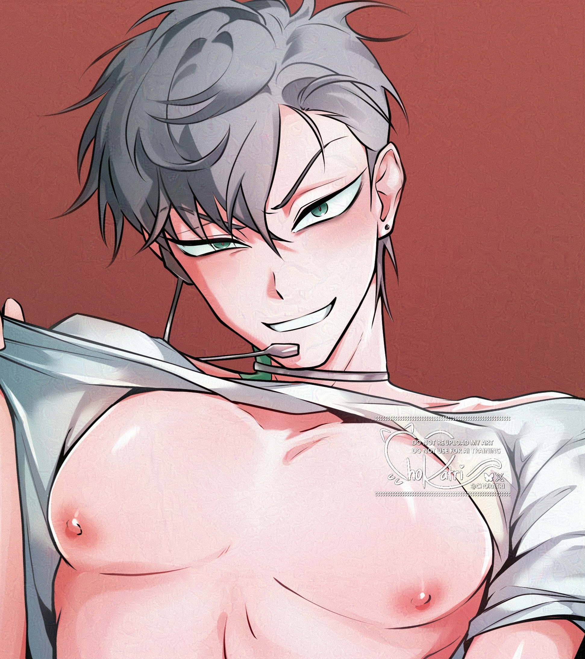 adversarial noise, alien stage, femboy, gay, grey hair, male, male chest, male focus, male only, nipples, perky nipples, pink nipples, pulling up shirt, shiny nipples, shiny skin, solo, solo male, till (alien stage), twink