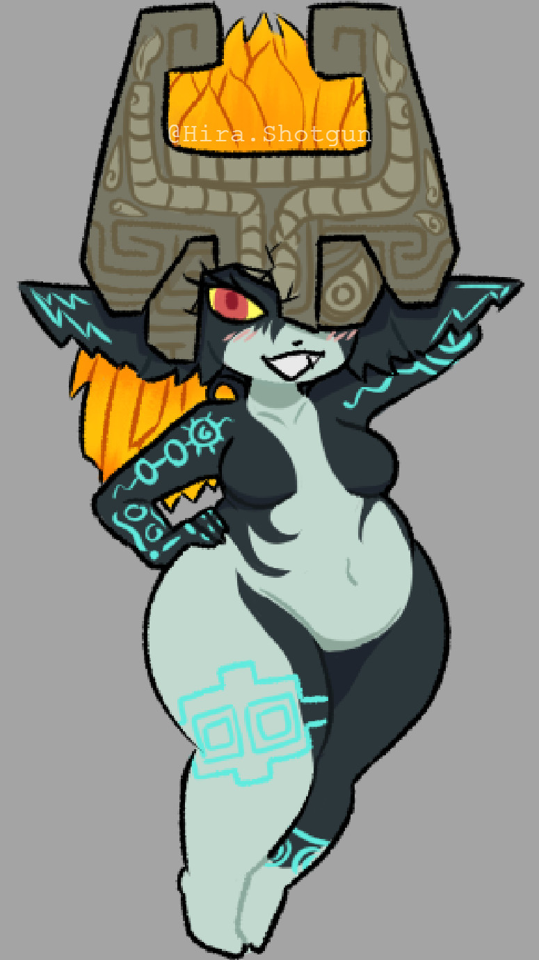 1girls, 2d, 2d (artwork), 2d artwork, artist name, belly, black body, blush, blushing at viewer, blushing female, bottom heavy, breasts, cute, cute face, cute fang, female, hand behind head, hand on head, hand on hip, headwear, hira.shotgun, imp midna, long ears, looking at viewer, midna, nintendo, orange hair, red eyes, shortstack, small breasts, smaller female, solo, solo female, solo focus, the legend of zelda, twilight princess, twitter username, unique style, wide hips