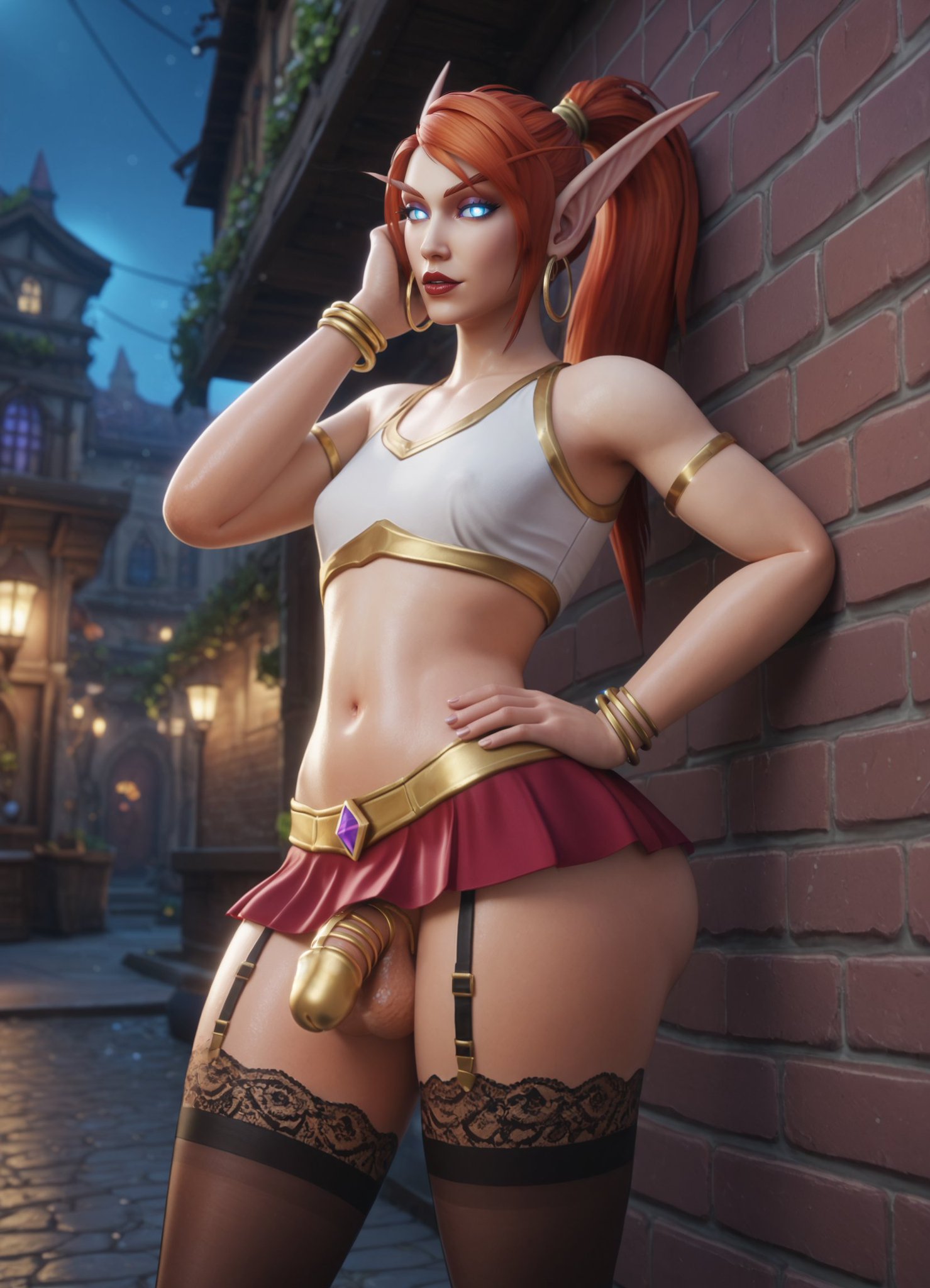 1boy, ai assisted, ai generated, blizzard entertainment, blood elf, blue eyes, chastity cage, chastity device, crop top, crossdressing, femboy, feminine male, garter straps, hoop earrings, idel art, male, penis, red hair, skirt, small penis, stockings, sylas (kuthie), warcraft, world of warcraft
