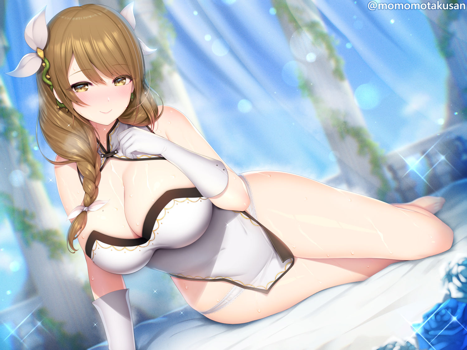 1girls, alternate version available, background, big breasts, blush, breasts, exposed thighs, female, female focus, female only, fire emblem, fire emblem engage, fire emblem heroes, gloves, goldmary (fire emblem), kashiwamochi yomogi, large breasts, long gloves, looking at viewer, navel, nintendo, panties, revealing clothes, seducing viewer, seductive pose, smile, smiling at viewer, teasing, teasing viewer, thighs