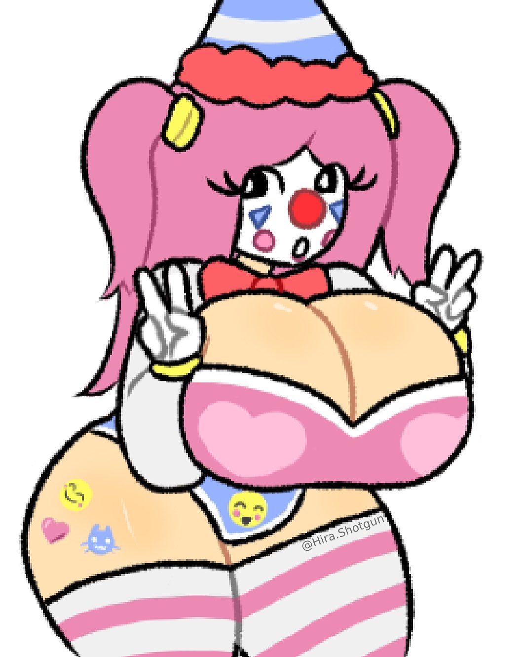 1girls, 2d, 2d (artwork), 2d artwork, artist name, bending forward, big breasts, blue shorts, bow, bowtie, breasts, breasts bigger than head, cat sticker, clown, clown costume, clown girl, clown makeup, clown nose, curvaceous, curvy, curvy body, curvy female, curvy figure, cute, cute face, double v, double v sign, feline, female, happy face, hat, heart, heart symbol, hira.shotgun, huge breasts, large breasts, light skin, light-skinned female, looking to the side, original character, party hat, peace sign, pink hair, pink top, pink topwear, pocky the clown, short shorts, shorts, smiley face, solo, solo female, sticker, stickers, stickers on body, stockings, stripe stockings, stripes, thick female, thick thighs, thighs, twintails, twitter username, unique style, voluptuous, voluptuous female