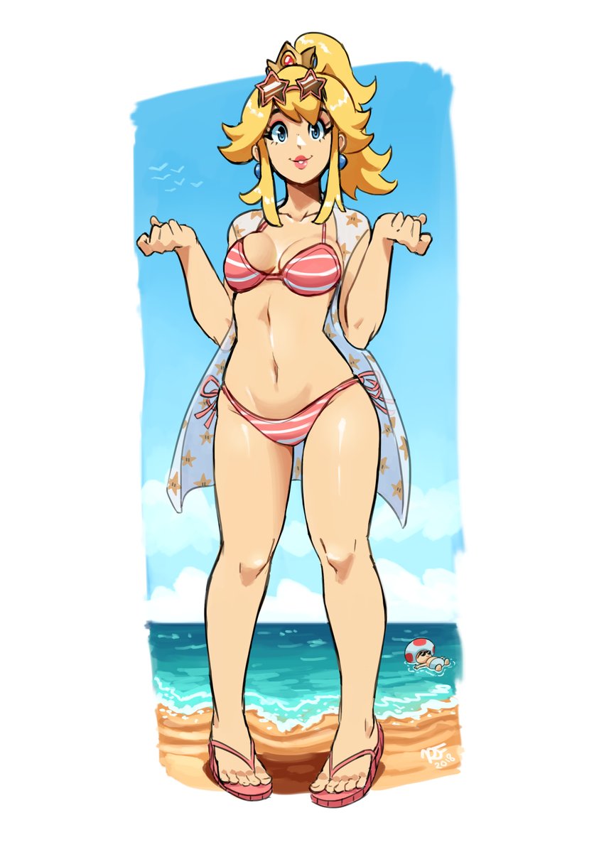 1boy, 1girls, beach, bent wrist, bikini, blonde hair, blue eyes, breasts, cleavage, crown, curvy, detailed background, earrings, feet, female, female focus, full body, hips, human, jewelry, legs, long hair, looking at viewer, male, mario (series), midriff, navel, nintendo, open toe shoes, outdoors, pigeon-toed, pink bikini, ponytail, princess, princess peach, ravenousruss, sandals, shiny skin, solo focus, standing, sunglasses, sunglasses on head, swimsuit, thick, thick thighs, tied hair, toad (mario), toes, wide hips