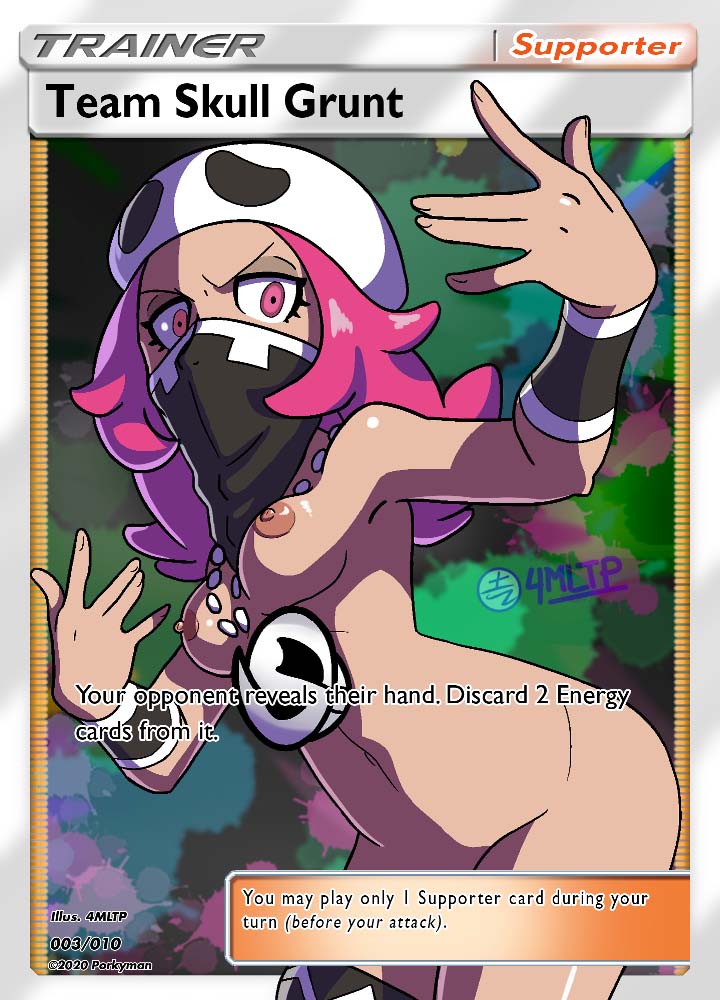 1girls, 4mltp, breasts, brown body, casual, chains, dark nipples, dark skin, female, human, medium breasts, musk, nipples, nonsexual, nonsexual nudity, nude, nude edit, nude female, nude filter, nudist, pink eyes, pink hair, pokemon, pokemon card, pokemon sm, pokemon tcg, team skull, team skull grunt, team skull grunt (female), trainer card