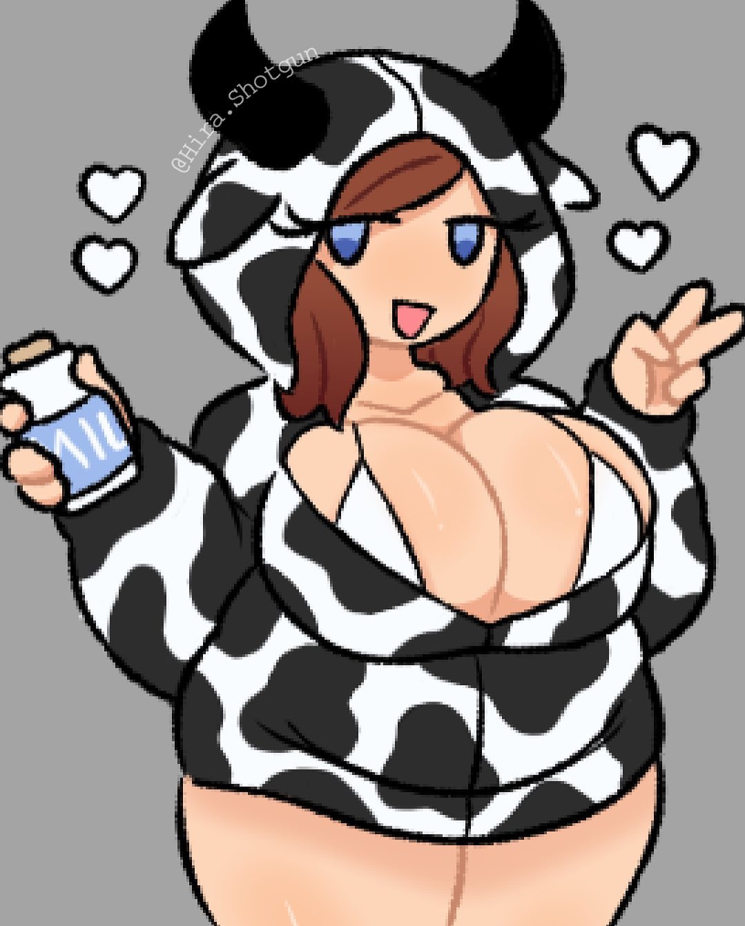 1girls, 2d, 2d (artwork), 2d artwork, artist name, big breasts, blue eyes, breasts, breasts bigger than head, brown hair, brown-haired female, brunette female, cow ears, cow girl, cow hoodie, cow horns, cow print, curvaceous, curvy, curvy body, curvy female, curvy figure, cute, cute face, eyelashes, female, heart, heart symbol, hearts around head, hira.shotgun, holding, holding milk, holding object, huge breasts, large breasts, light skin, light-skinned female, peace sign, simple background, solo, solo female, solo focus, standing, thick thighs, thighs, twitter username, unique style, v sign, voluptuous, voluptuous female, white bikini top, white top, white topwear