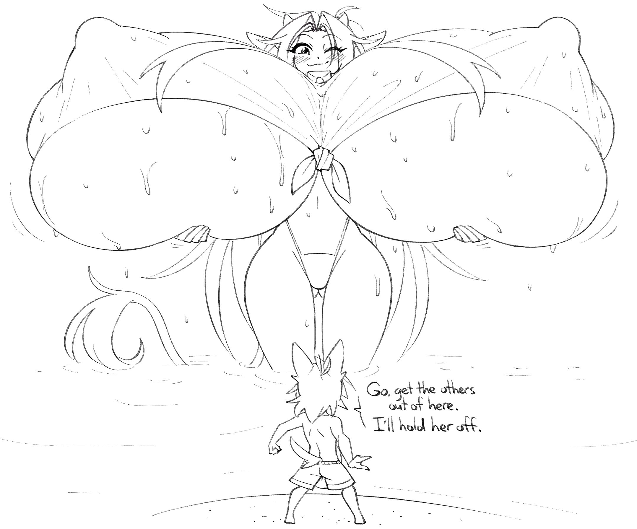 beach, breasts, cowgirl, enormous breasts, erect nipples, female, giantess, gigantic breasts, huge breasts, hyper, large nipples, lifting breasts, male, massive breasts, matsu-sensei, matt (matsu-sensei), mattie (matsu-sensei), nipples, rules of nature, smaller male, tagme, wet