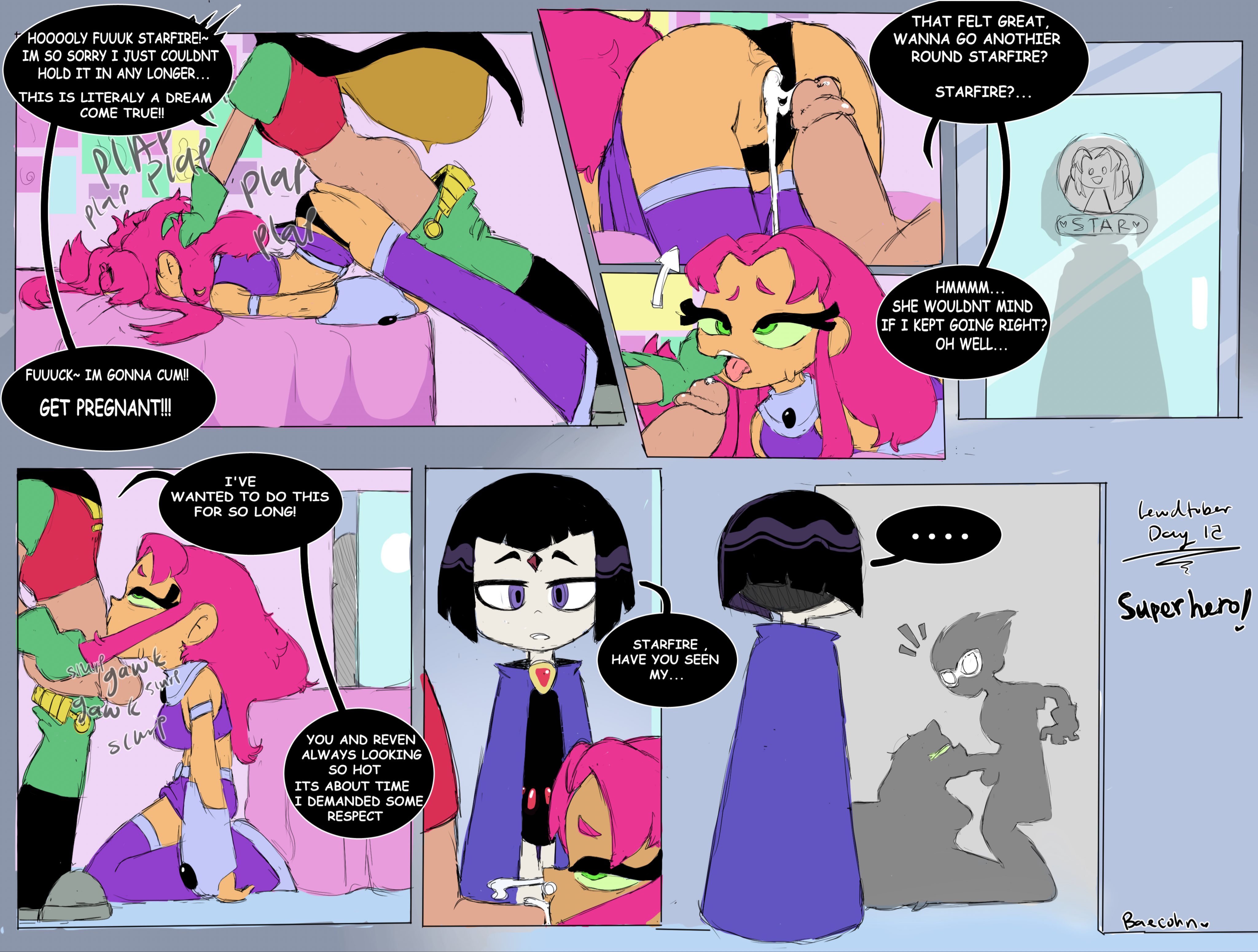 ...., 1boy, 2girls, accurate art style, baecohn, balls, bed, big balls, black hair, blowjob, breasts, cartoon network, caught, caught in the act, clothed sex, comic, dc, dc comics, dialogue, dick grayson, doggy style, english text, face down ass up, face fucking, female, female focus, female penetrated, finger in another's mouth, finger in mouth, fucked unconscious, gloves, green eyes, grey skin, hair pull, half-closed eyes, half-dressed, hand on head, interrupted, koriand'r, light skin, male, mask, medium breasts, official style, panties aside, passed out, pink hair, plap, pulling hair, questionable consent, rachel roth, raven (dc), raven (teen titans go!), robin (dc), robin (dick grayson), side view, starfire, straight, tan body, teen titans, teen titans go, text, thumb in mouth