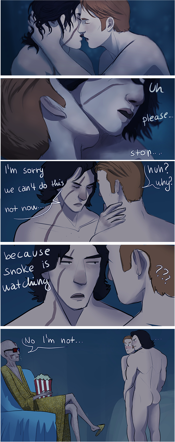 3d_glasses angry armitage_hux ass comic couple dialogue digital_media_(artwork) english_text funny gay general_hux human humor kissing kylo_ren male male_only nude popcorn robe sitting snoke speech_bubble star_wars the_force_awakens the_last_jedi yaoi zsofia_dankova