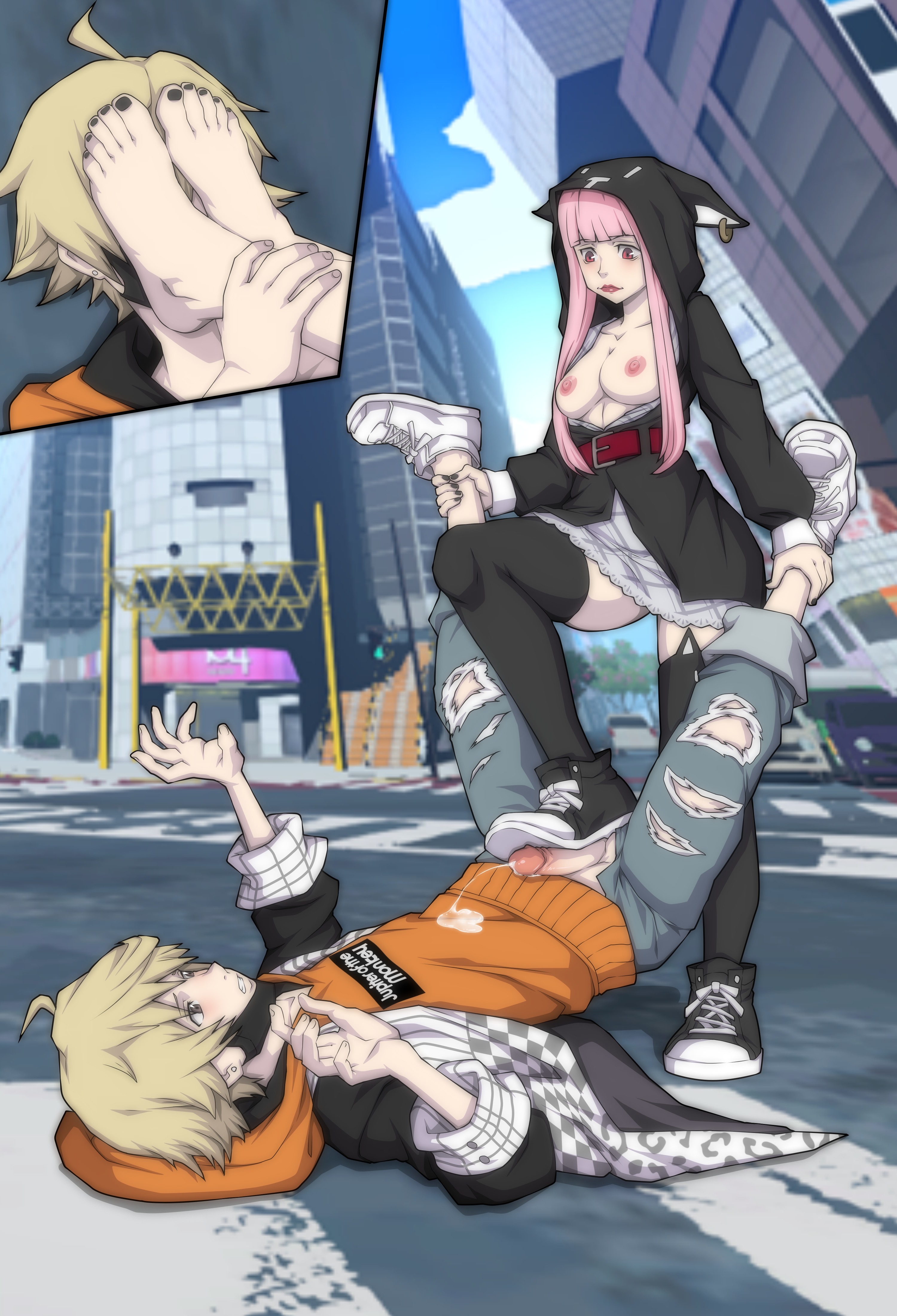 black toenails, converse shoes, cumshot, eroticgeek2, female, footjob, kanade rindou, male, male/female, rindo kanade, sakurane shouka, shibuya 109, shoejob, shoka sakurane, smelling feet, the world ends with you