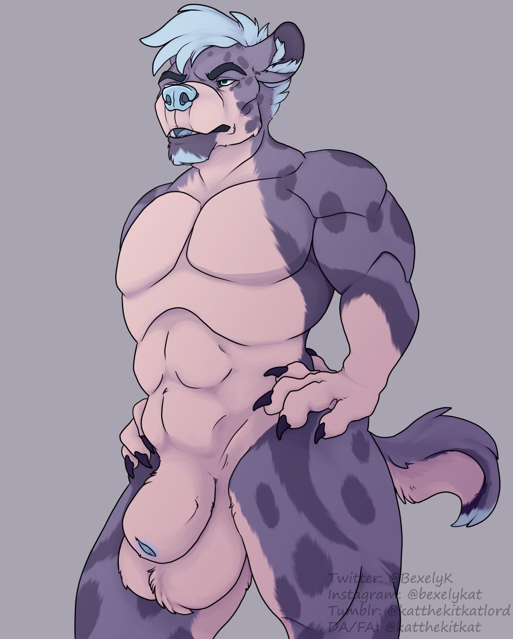 animal_genitalia anthro balls big_balls big_sheath blue_eyes blue_nose fully_sheathed fur genitals grey_background hands_on_hips hi_res huge_balls huge_sheath hyena katthekitkat male mammal markings muscular muscular_anthro muscular_male nude_anthro nude_male purple_body purple_fur sheath simple_background solo spots spotted_body spotted_fur tan_body tan_fur