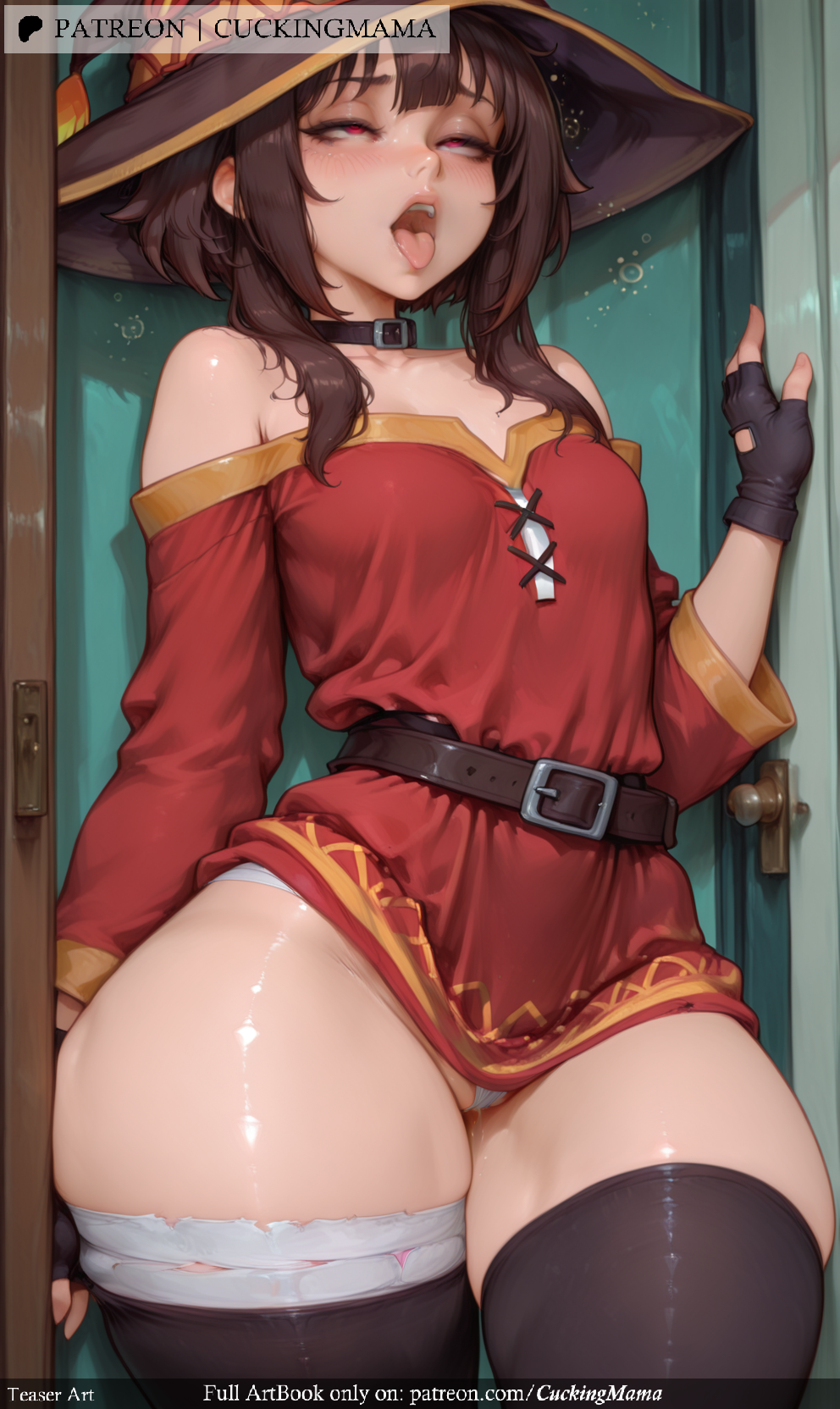 against_wall ai_generated bandaged_leg bandages bare_shoulders belt black_gloves black_hair black_legwear blush breasts brown_hair cape collar cuckingmama door dress female fingerless_gloves gloves hat indoors looking_at_viewer megumin open_mouth panties red_dress red_eyes short_hair short_hair_with_long_locks sidelocks single_thighhigh small_breasts solo tagme thighhighs thighs tongue tongue_out underwear white_panties witch_hat