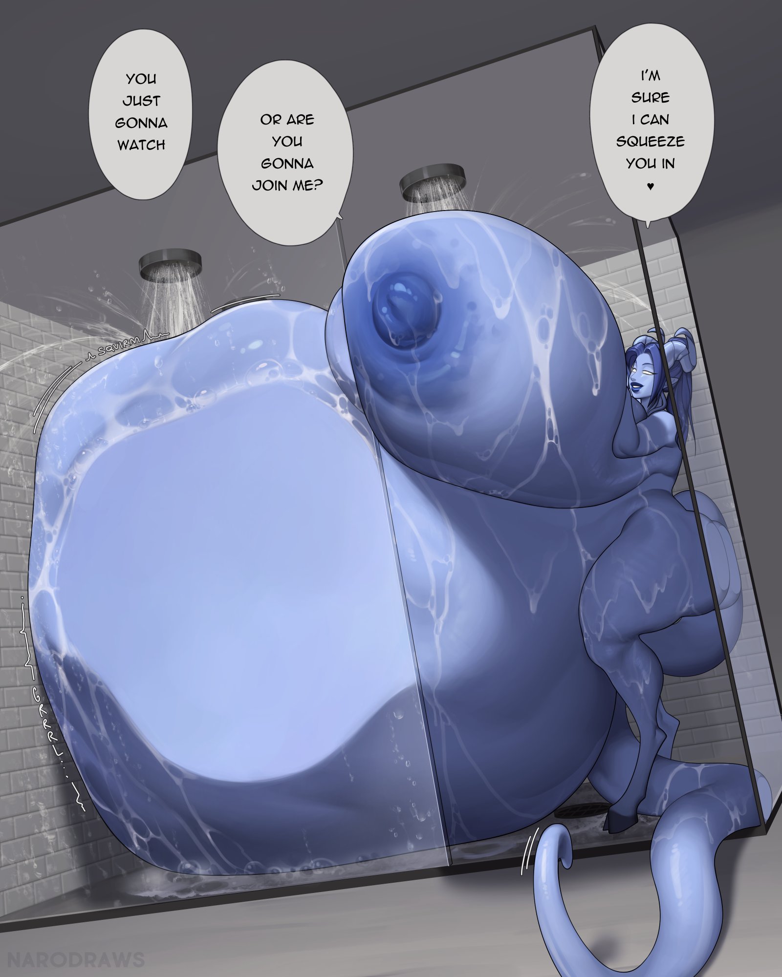 ass, big belly, breasts, draenei, draenei female, female, hyper belly, hyper breasts, hyper pregnancy, hyper pregnant, narodii, pregnant, pregnant female, shower, showering, text bubble, thick ass, thick thighs