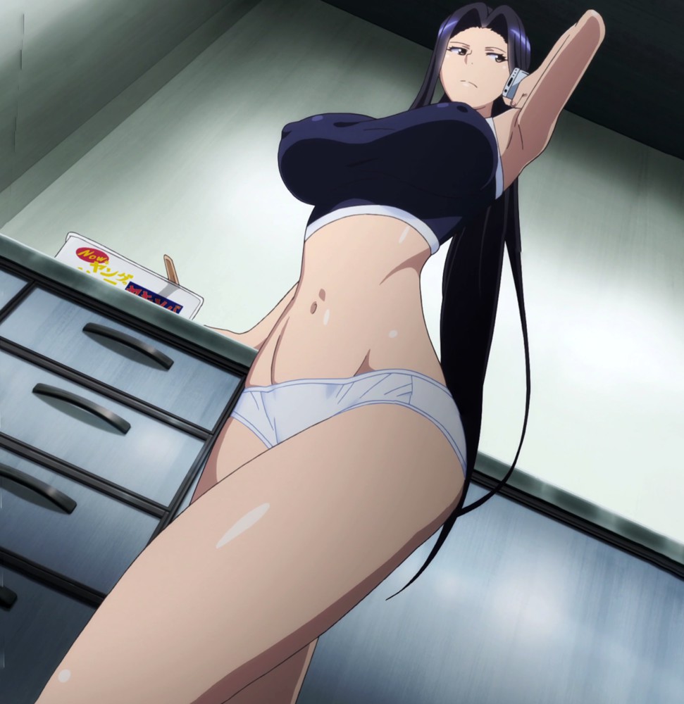 1girls 2015 abs anime_screencap armpits belly clothed from_below holding_object human_only kitchen kuroko_smith midriff monster_musume_no_iru_nichijou navel phone phone_call purple_hair screencap screenshot thick_thighs thin_waist