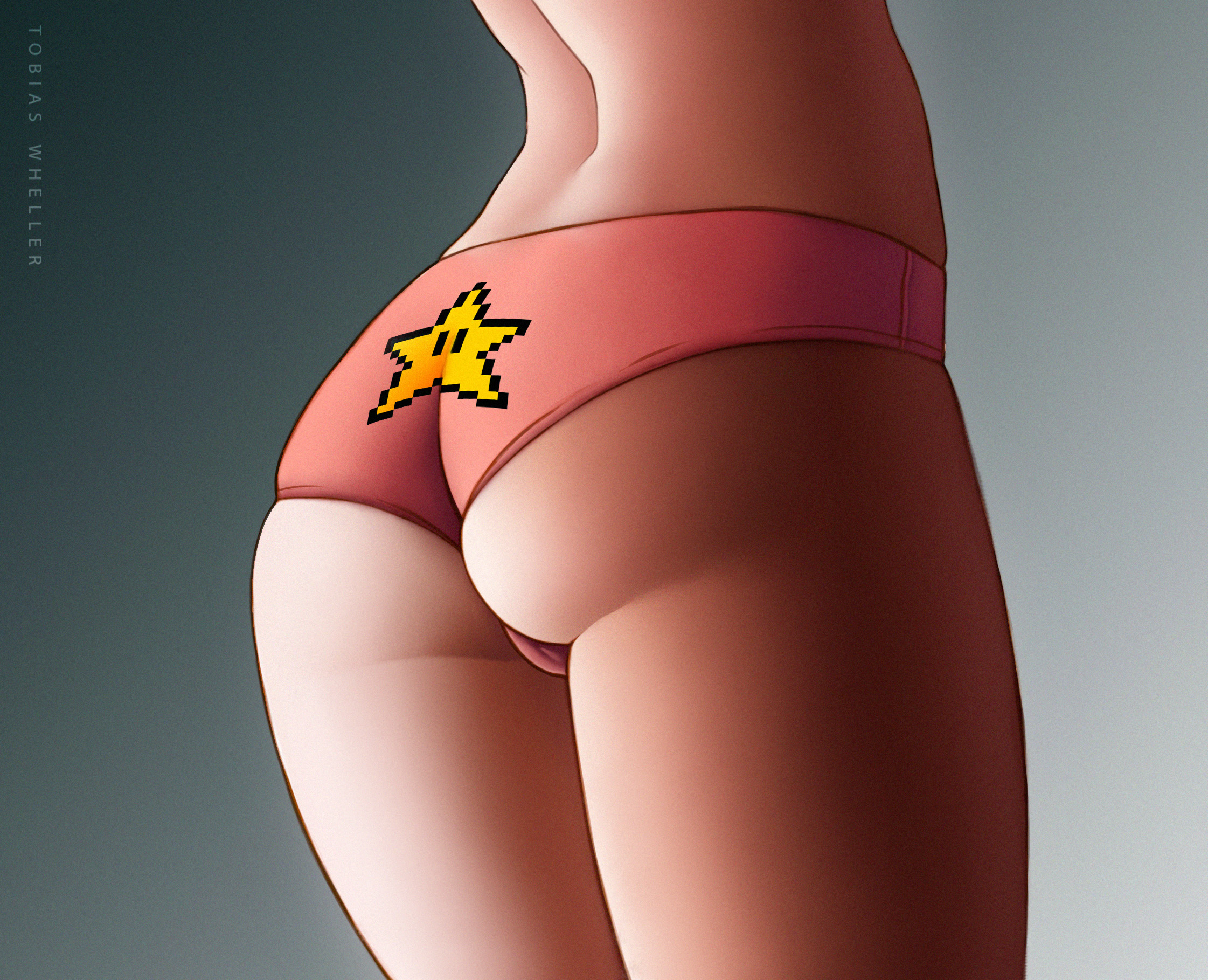 1girls, ass, close-up, female, female only, gradient, gradient background, grey background, mario (series), nintendo, panties, pantsu, pink panties, princess peach, realistic, simple background, skindentation, solo, solo female, standing, thick thighs, thighs, tobias wheller, underwear