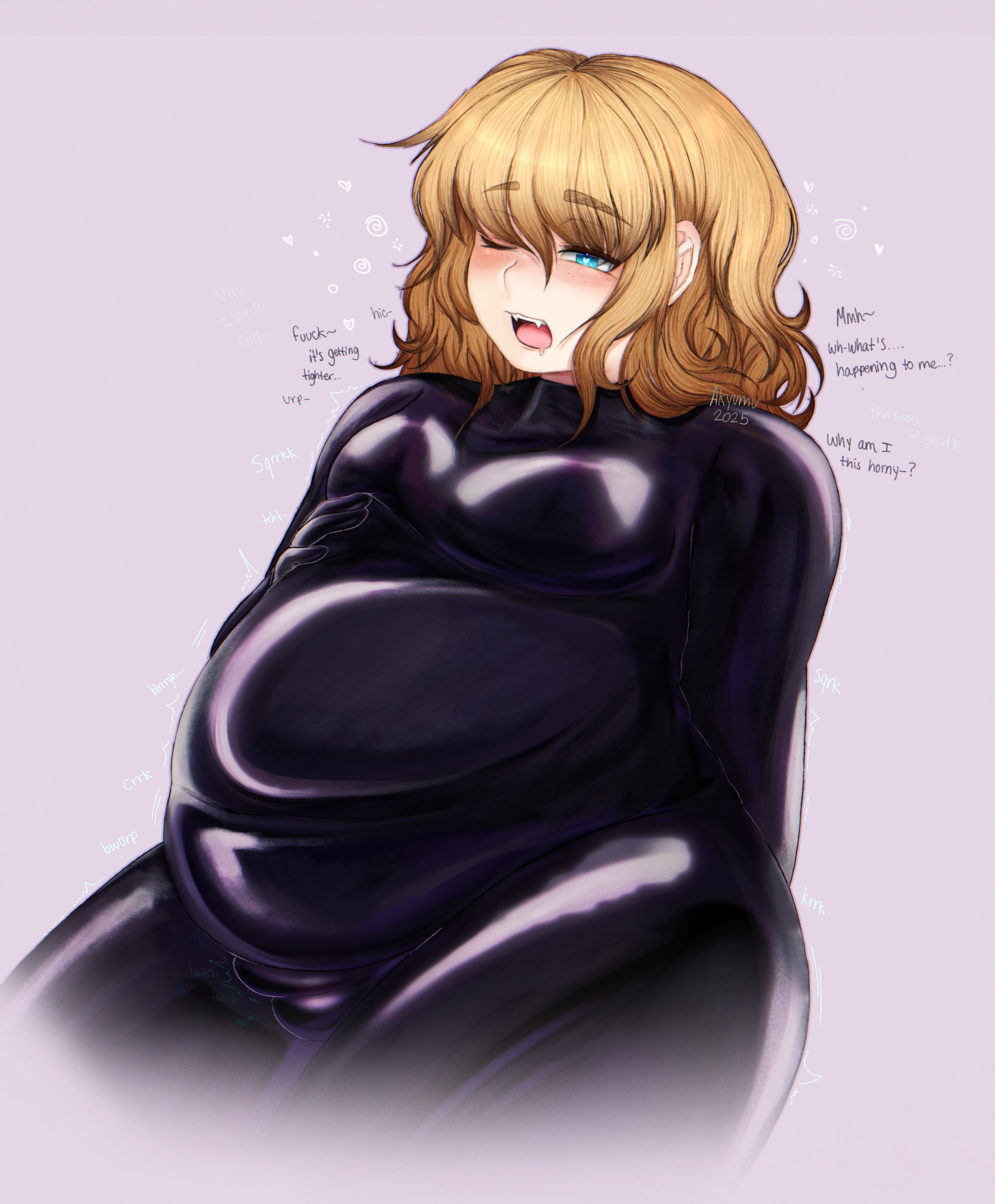 akyumu, android, belly, belly expansion, big belly, blonde hair, blue eyes, burping, chubby, chubby femboy, english, english dialogue, english text, erection, erection under clothing, excited, expansion, fat, fat femboy, femboy, freckles, girly, heart-shaped pupils, humanoid, humanoid robot, implied expansion, implied inflation, inflation, latex, latex clothing, latex suit, light skin, light-skinned femboy, light-skinned male, male, male focus, male only, milo (akyumu), moobs, onomatopoeia, open mouth, overweight femboy, stomach growling, straining clothing, trembling