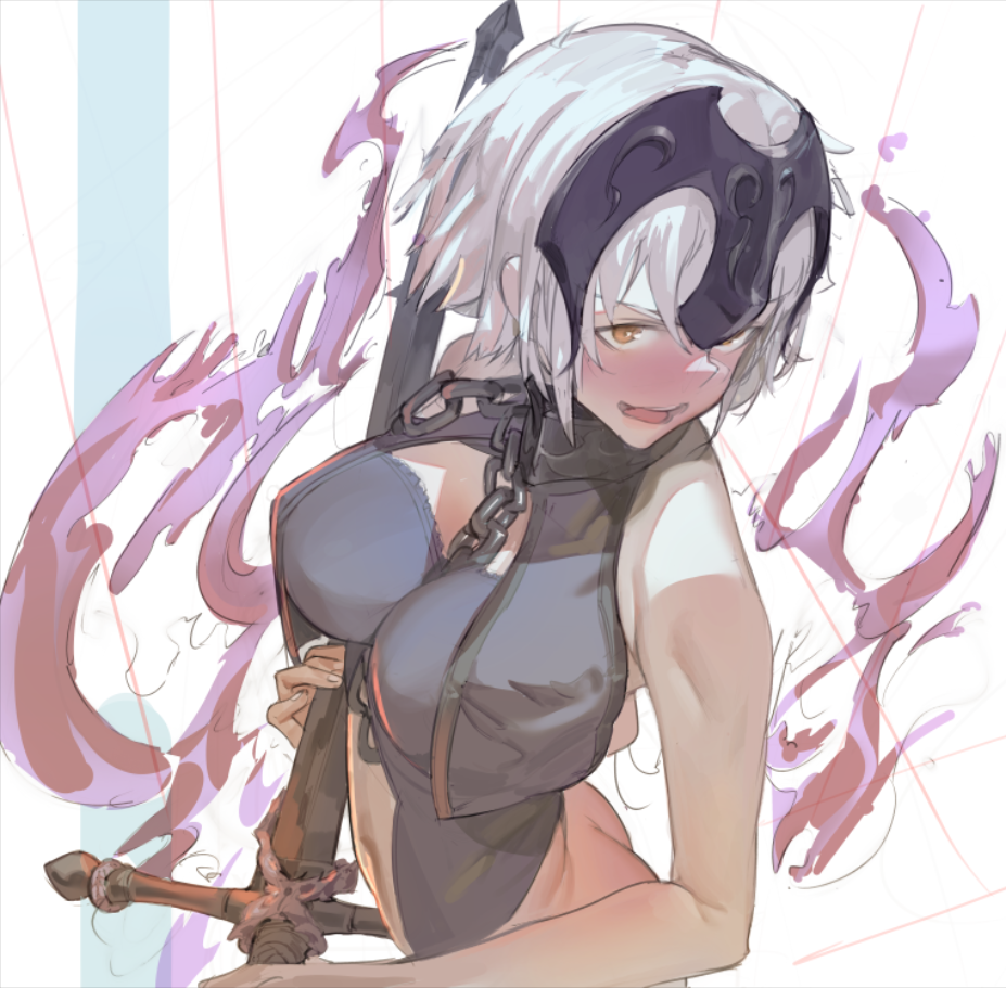 ass, bangs, bloop, blush, bottomless, breasts, brown eyes, chains, embarrassed, fate (series), fate/grand order, female, grey hair, holding, holding sword, holding weapon, jeanne alter, large breasts, looking at viewer, navel, open mouth, short hair, sidelocks, smile, solo, sword, wavy mouth, weapon