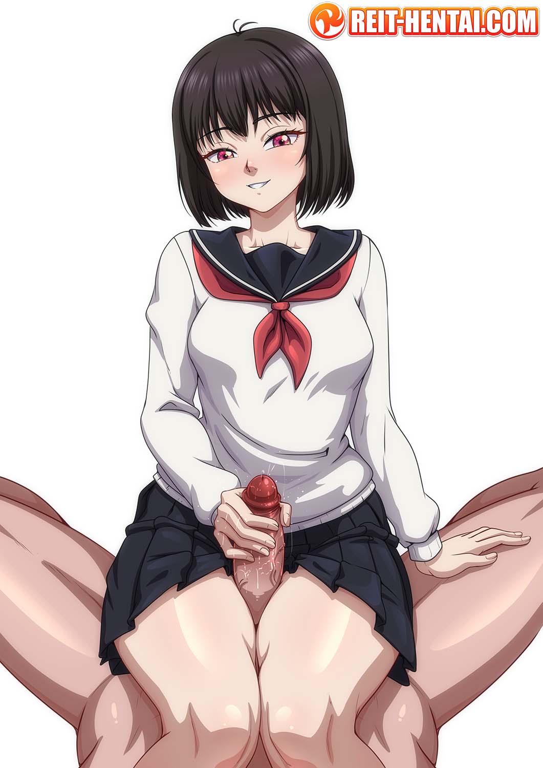 1boy, cowgirl position, faceless male, female, looking at viewer, male, osanai yuki, penis, pink eyes, pov, red eyes, reit, school uniform, schoolgirl, schoolgirl uniform, short hair, shoshimin, shoushimin series, skirt, smile, tagme, thigh sex, thighs, veiny penis, watermark, white background