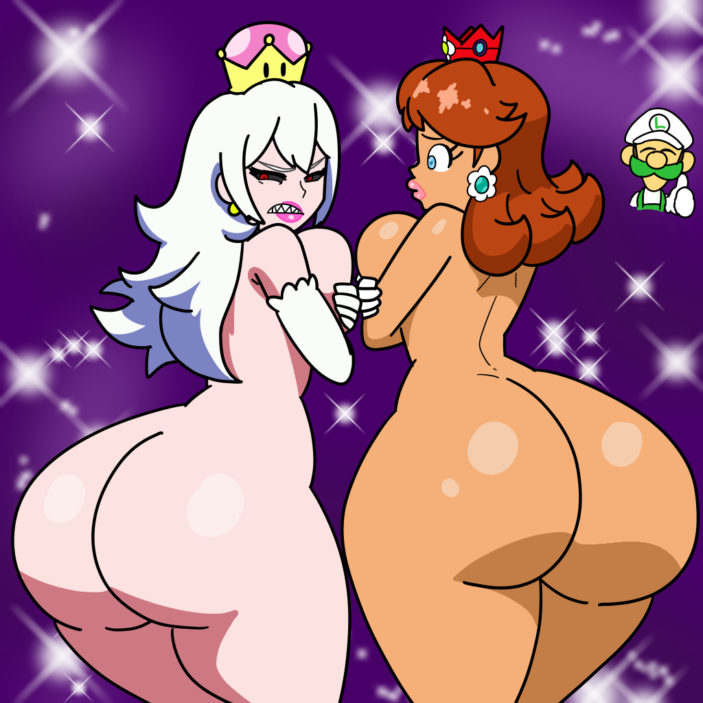 1boy, 2girls, angry, angry face, arms crossed, armwear, ass, ass focus, big ass, boosette, breasts, brown hair, clothed male nude female, clothing, covering breasts, crown, ear piercing, earrings, embarrassed, enormous ass, fat ass, female, flower earrings, ghost, ghost girl, gigantic ass, gloves, hat, huge ass, human, humanoid, klutzykatherine, large ass, light skin, light-skinned female, lipstick, looking at another, luigi, male, mammal, mario (series), massive ass, mature, mature female, mature male, nintendo, nude, nude female, open mouth, pink lipstick, princess, princess daisy, purple background, royalty, sexy, sparkles, tagme, tan skin, tan-skinned female, thick ass, thumbs up, voluptuous, voluptuous female, white armwear, white gloves, white hair