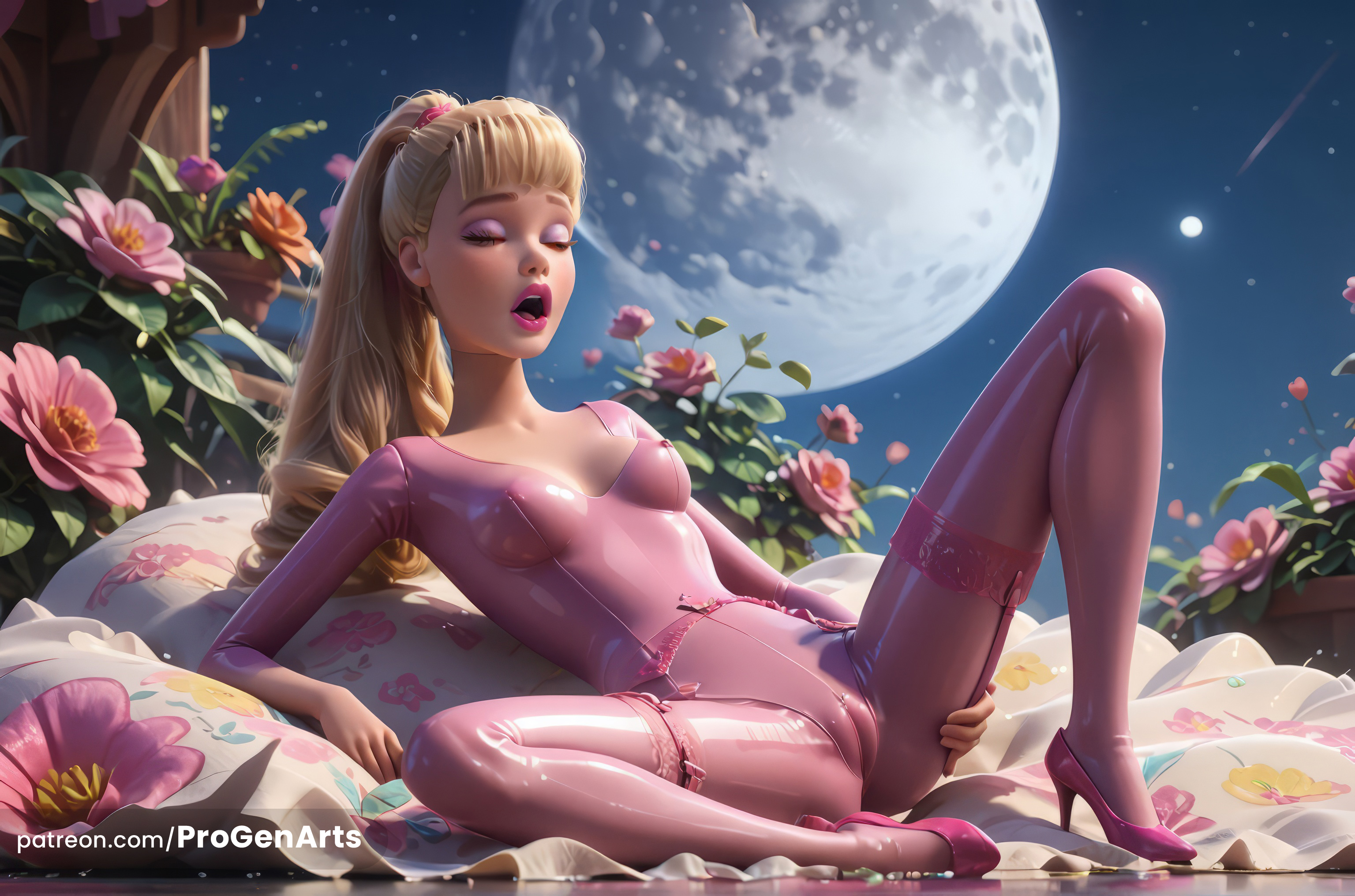 1girls, ai generated, arm support, artist name, barbara millicent roberts, barbie (franchise), blonde hair, bodysuit, breasts, cameltoe, closed eyes, covered nipples, disney, eyeshadow, female, flower, full moon, hair ornament, hi res, high heels, lipstick, long hair, makeup, moon, night, night sky, open mouth, pillow, pink bodysuit, pink flower, pink footwear, pixar, ponytail, progenarts, pussy, see-through, skin tight, sky, small breasts, solo, spread legs, star (sky ), starry sky, stiletto heels, thighhighs, toy story, toy story 2