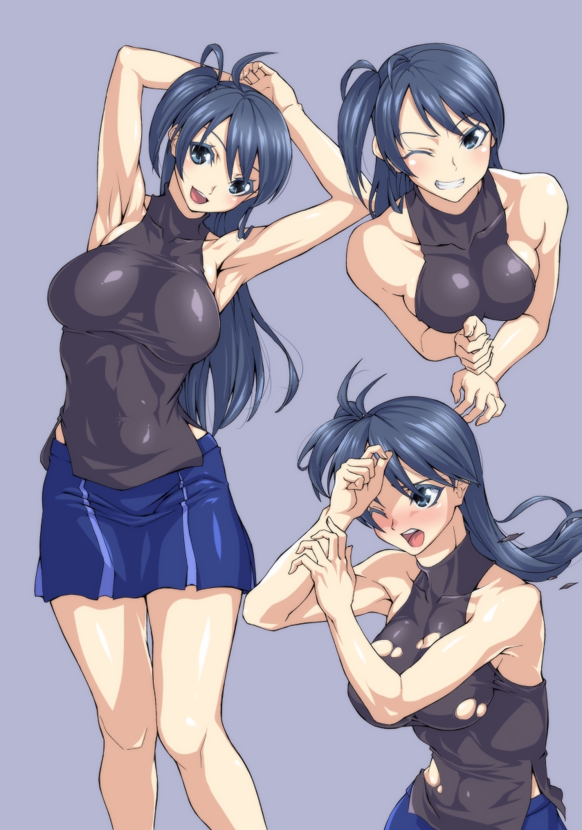 1girls, armpits, arms behind head, big breasts, blue miniskirt, blush, breasts, curvy, dark blue eyes, dark blue hair, female, kylie (yu-gi-oh! duel links), long hair, miniskirt, one eye closed, shiny clothes, shiny hair, shiny skin, smile, thick, thick thighs, torn clothes, voluptuous, yu-gi-oh!, yu-gi-oh! duel links