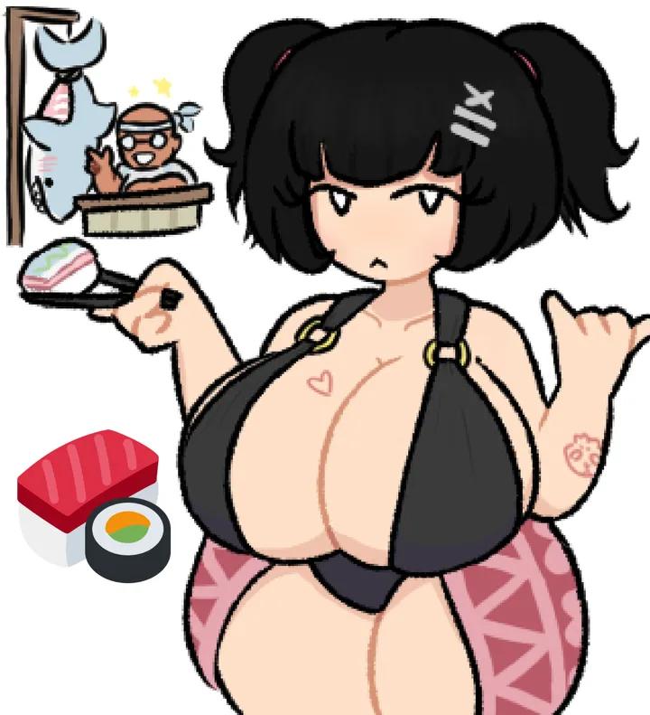 1girls, 2d, 2d artwork, alternate version available, artist name, asian, asian bimbo, asian female, big breasts, bikini, bikini top, bimbo, black hair, breasts, breasts bigger than head, cameltoe, curvaceous, curvy, curvy body, curvy female, curvy figure, cute, cute face, female, food, heart, heart symbol, heart tattoo, hira.shotgun, holding, holding chopsticks, holding object, huge breasts, kimchi (hira.shotgun), large breasts, light skin, light-skinned female, looking at viewer, original character, paag, pussy, simple background, simple eyes, solo focus, sushi, swimsuit, swimwear, tattoo, tattoo on arm, tattoo on breast, tattoo on chest, thick legs, thick thighs, thighs, twintails, twitter username, unique style, voluptuous, voluptuous female