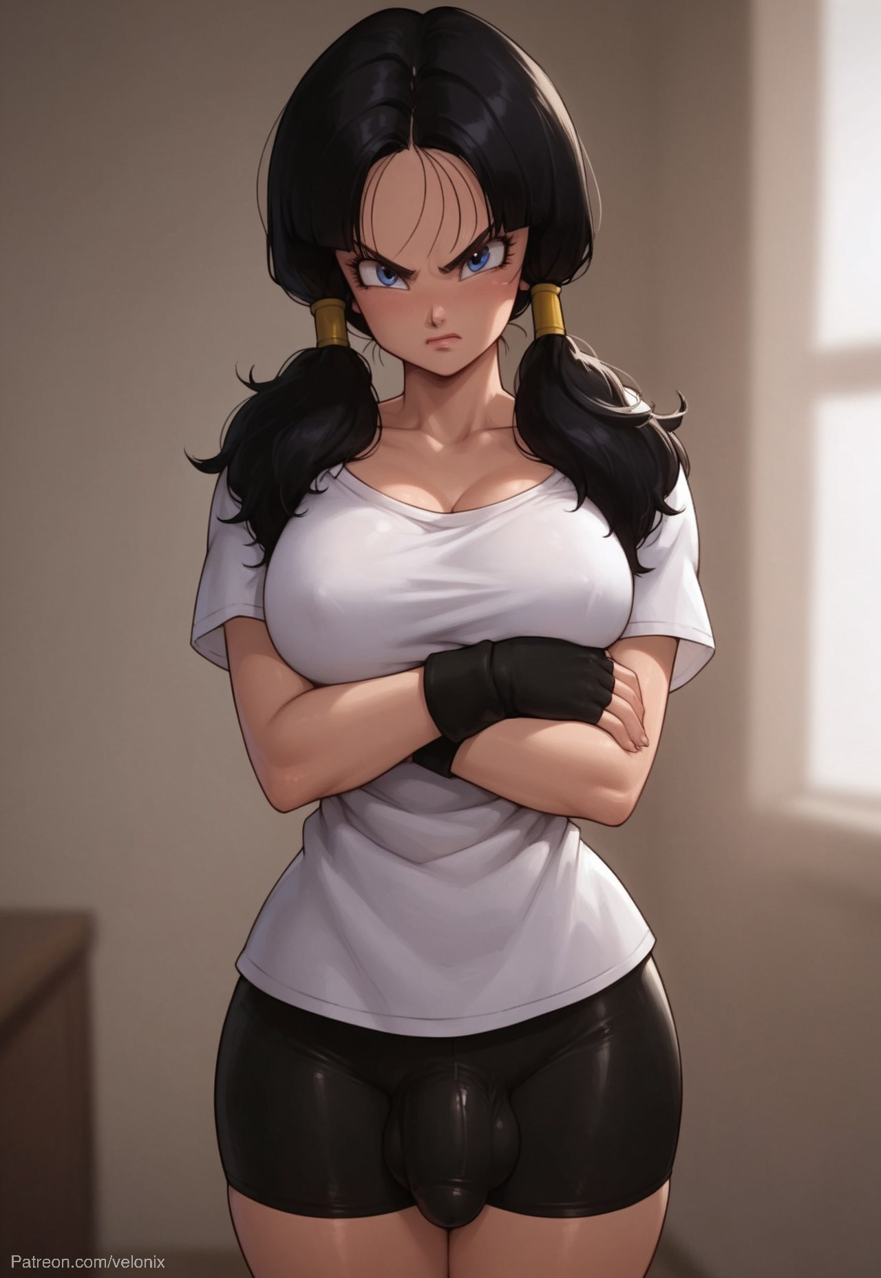 1futa, ai generated, angry, angry expression, angry face, arms crossed, arms crossed under breasts, ass, balls, big ass, big breasts, big butt, big hips, big penis, big shirt, bike shorts, black hair, blue eyes, breasts, bulge, bulge through clothing, cleavage, dick, dickgirl, disgusted, dragon ball, dragon ball super, dragon ball z, eyebrows, eyelashes, fingerless gloves, futa only, futanari, gloves, grin, grinning, grinning at viewer, hair, hair ornament, hair tubes, hands-free, hard on, huge cock, indoors, intersex, lips, long hair, looking at viewer, makeup, narrow waist, narrowed eyes, nose, penis, seducing, seductive, seductive eyes, seductive gaze, seductive look, seductive mouth, seductive pose, seductive smile, shirt, smile, smile at viewer, smiley face, smooth balls, smooth penis, smooth skin, solo, solo dickgirl, solo focus, solo futa, testicles, tight clothing, tight fit, twintails, velonix, videl, videl (dragon ball super), videl (dragon ball z), videl (long hair), white shirt
