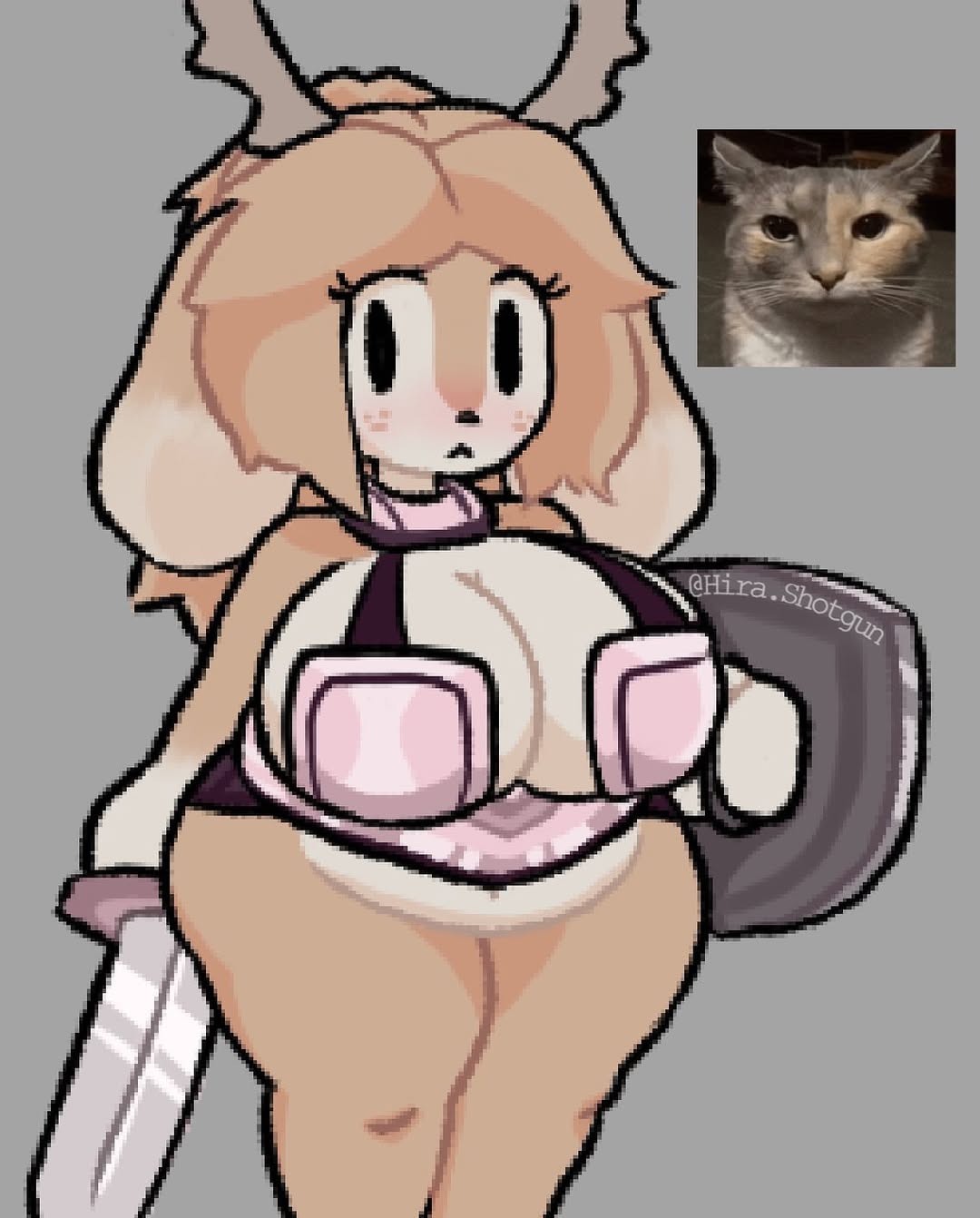 1girls, 2d, 2d (artwork), 2d artwork, anthro, artist name, atlyss, big breasts, blush, blushing at viewer, blushing female, breasts, breasts bigger than head, cleavage, curvaceous, curvy, curvy body, curvy female, curvy figure, cute, cute face, deep cleavage, deer, deer antlers, deer girl, deer horns, female, furry, furry ears, furry female, furry only, hira.shotgun, holding, holding object, holding sex toy, holding shield, holding weapon, huge breasts, large breasts, looking at viewer, original character, poon (atlyss), solo, solo anthro, solo female, solo focus, thick, thick female, thick hips, twitter username, unique style, voluptuous, voluptuous female, wide hips
