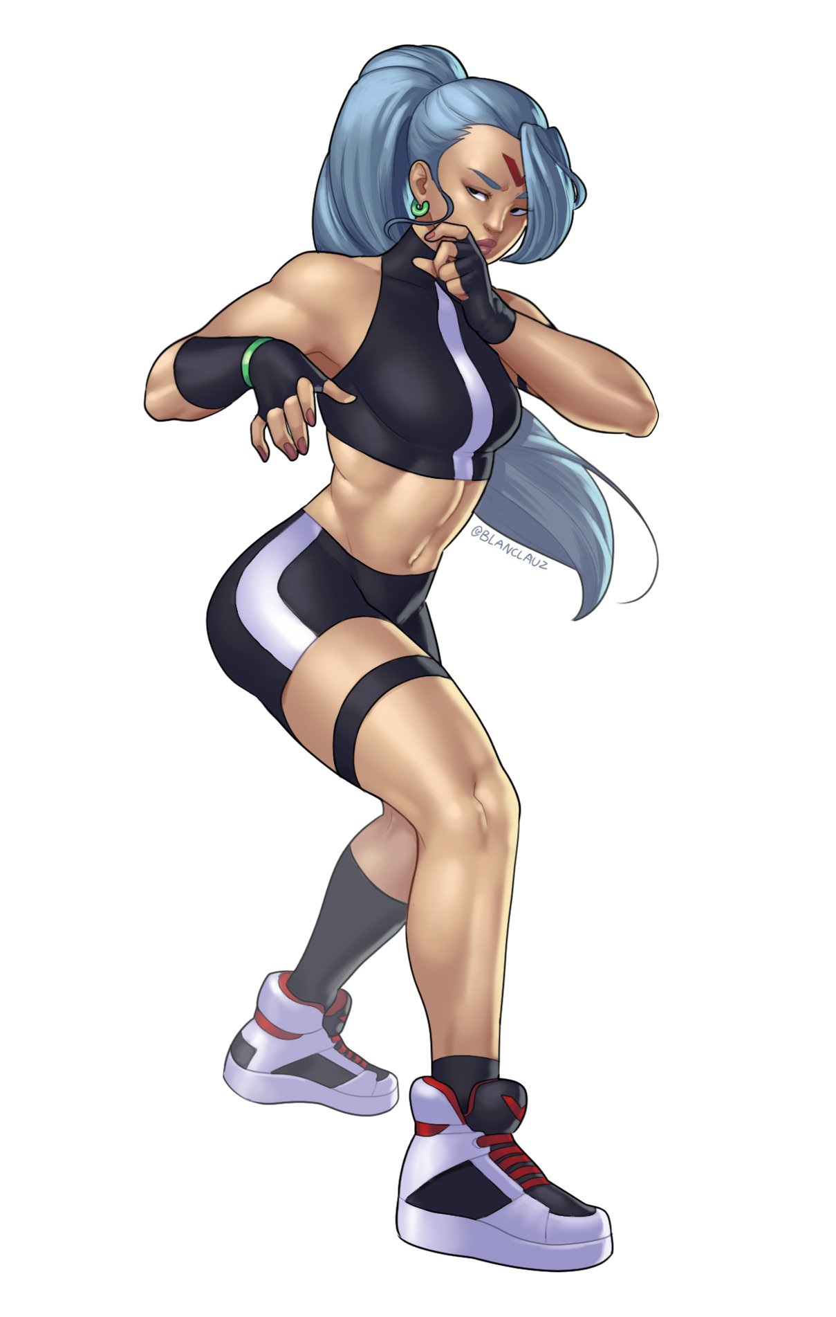 asian, blanclauz, blue hair, crop top, female, female only, full body, fully clothed, leona (blanclauz), long hair, original, original character, ponytail, pose, shorts, skin tight, sneakers, solo, sportswear, standing, tight clothing, white background