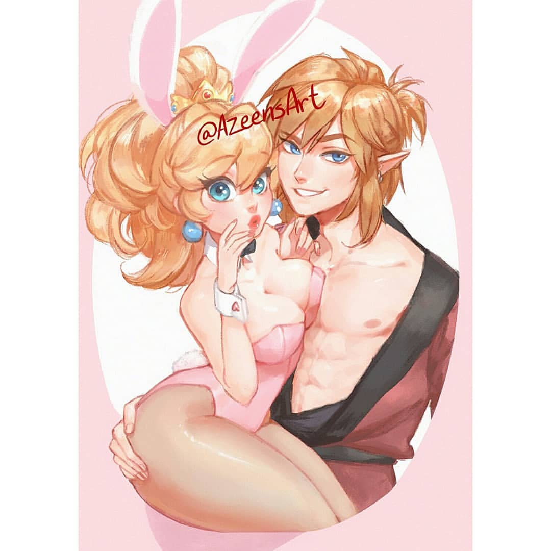 1boy, 1girls, abs, adapted costume, alternate costume, artist name, artist signature, ass, azeensart, background, big breasts, blonde hair, blue eyes, breasts, breath of the wild, bunny ears, bunny tail, crossover, curvy, earrings, female, hand on ass, link, link (breath of the wild), looking at viewer, male, mario (series), nintendo, princess peach, simple background, the legend of zelda, thick, thighhighs, wide hips