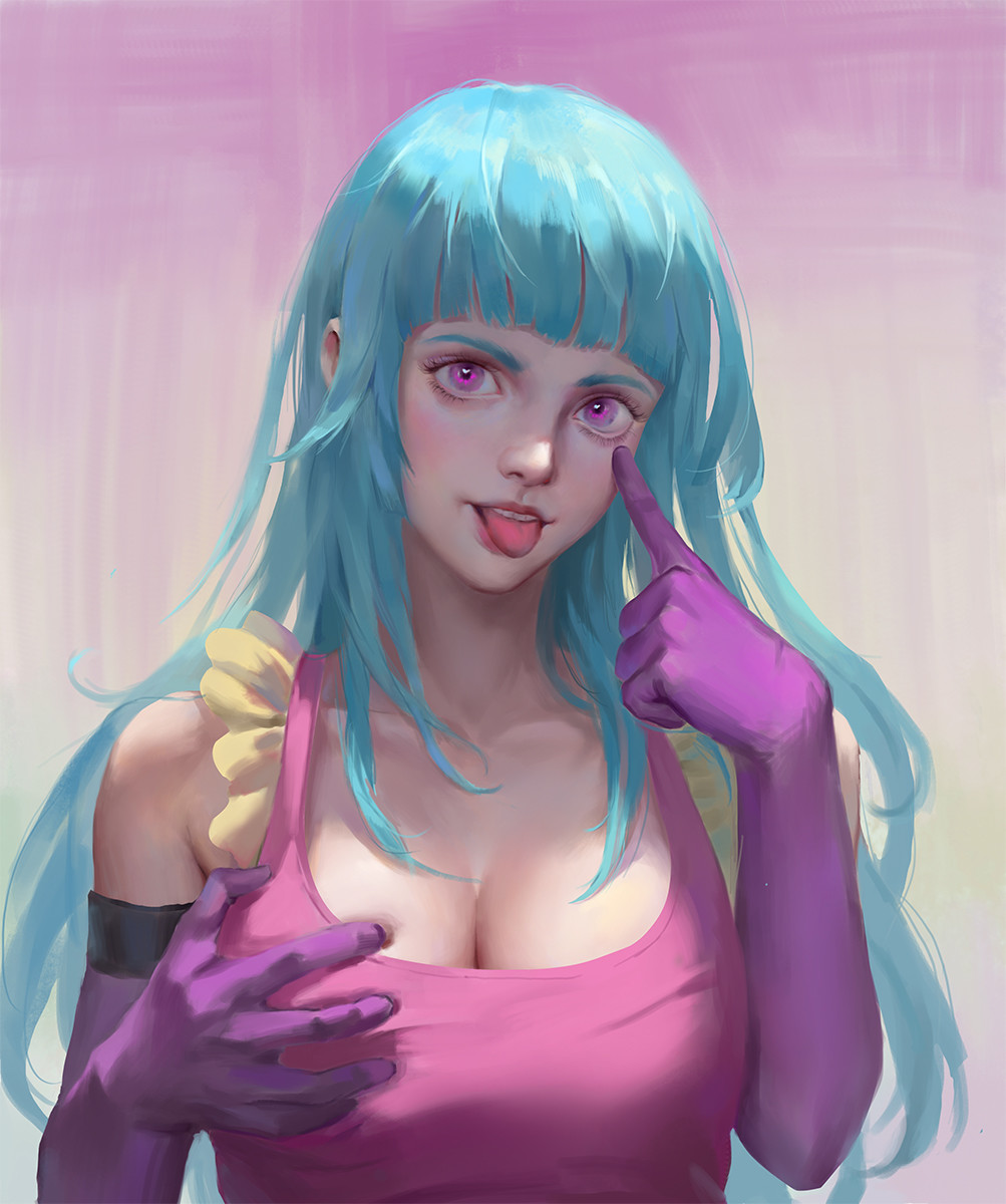aqua hair, breast grab, breasts, cleavage, female, ghost hb, groping, looking at viewer, me!me!me!, meme (me!me!me!), pink eyes, portrait, tank top, tongue, tongue out
