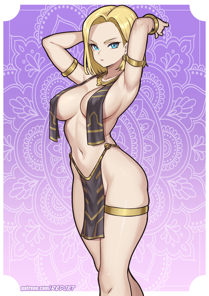 1girls, android 18, blonde hair, blue eyes, dragon ball, exotic dancer, female, redjet