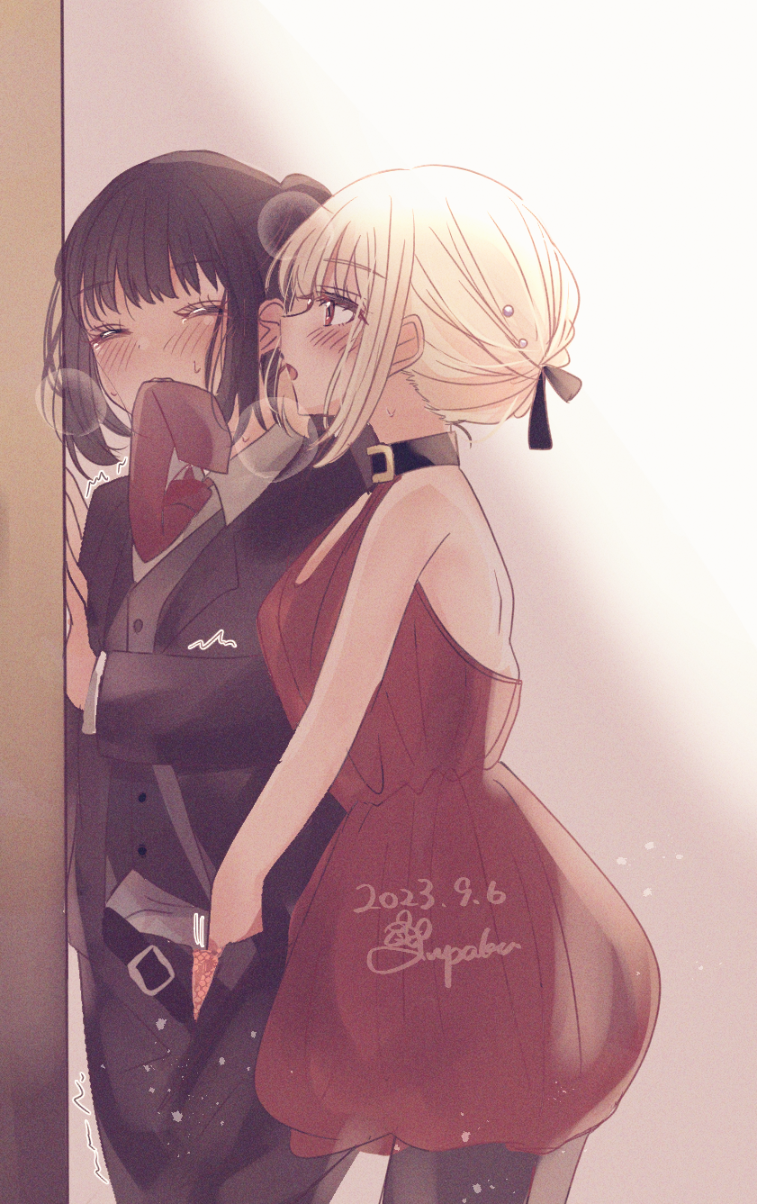2girls arupaka5tuki bare_arms black_hair black_jacket black_pants black_pantyhose black_vest blonde_hair blush closed_eyes collared_shirt commentary_request dated dress fingering hair_up highres inoue_takina jacket lycoris_recoil multiple_girls necktie nishikigi_chisato open_mouth pants pantyhose reach-around red_dress red_eyes red_necktie shirt signature sweat vest white_shirt yuri
