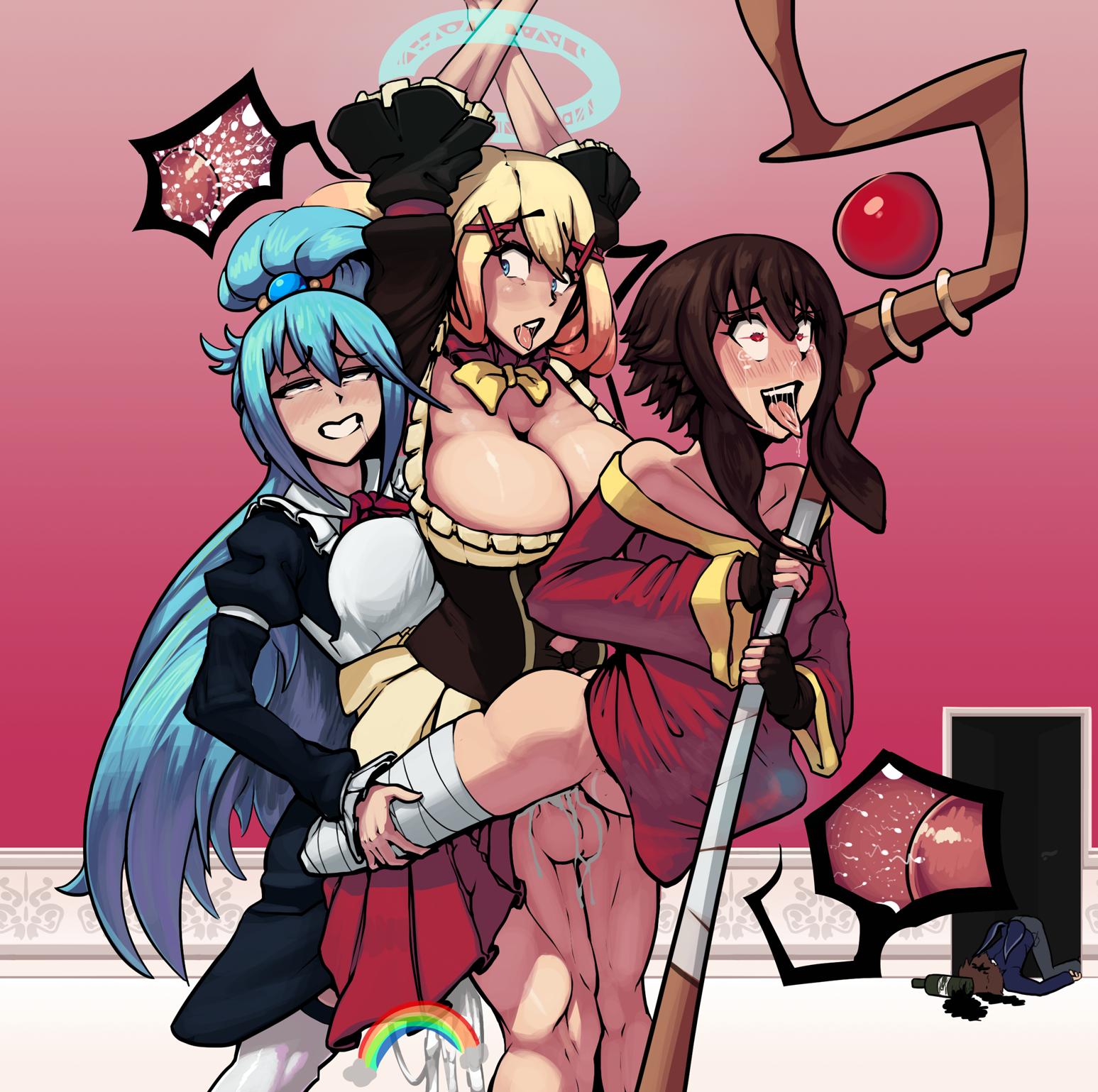 1boy, 3futas, ahe gao, aqua (konosuba), balls, big breasts, boxman, breasts, busty, cervical penetration, cleavage, clenched teeth, cum, cum in pussy, cum inside, cum overflow, cum while penetrated, curvy, darkness (konosuba), deep penetration, dickgirl, drool, drooling, erection under clothes, excessive cum, eye roll, eyes rolling back, from behind, fucked silly, full-package futa, futa on futa, futanari, group sex, heart, heart-shaped pupils, huge breasts, impregnation, intersex, kono subarashii sekai ni shukufuku wo!, large penis, looking pleasured, love train, magic, magic user, male, megumin, multiple futa, ovum, penetration, penis, pleasure face, pussy, rolling eyes, saliva, satou kazuma, sex, size difference, staff, stand and carry position, standing, standing sex, tears, testicles, threesome, tongue, tongue out, vagina, vaginal penetration, voluptuous, x-ray