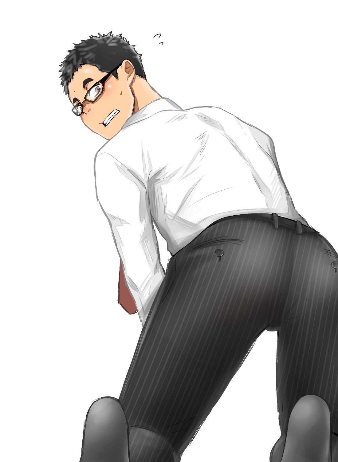 10s 1boy 2015 ass black_hair blush bulge formal fully_clothed gay glasses kanaty_12 male male_only original salaryman simple_background solo suit_and_tie tagme white_hair