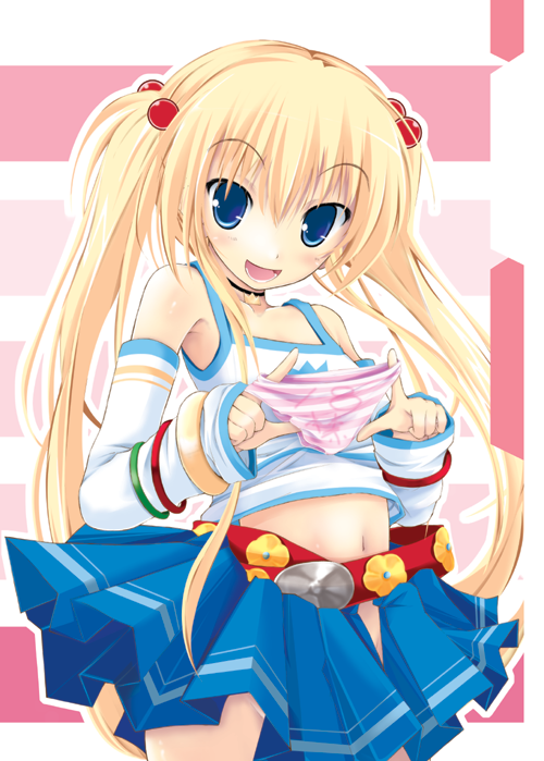 amatsuka_rikka baby_princess blonde_hair blue_eyes detached_sleeves hair_bobbles hair_ornament holding holding_panties kudou_takashi kuon_itsuki midriff panties skirt smile tied_hair twintails underwear