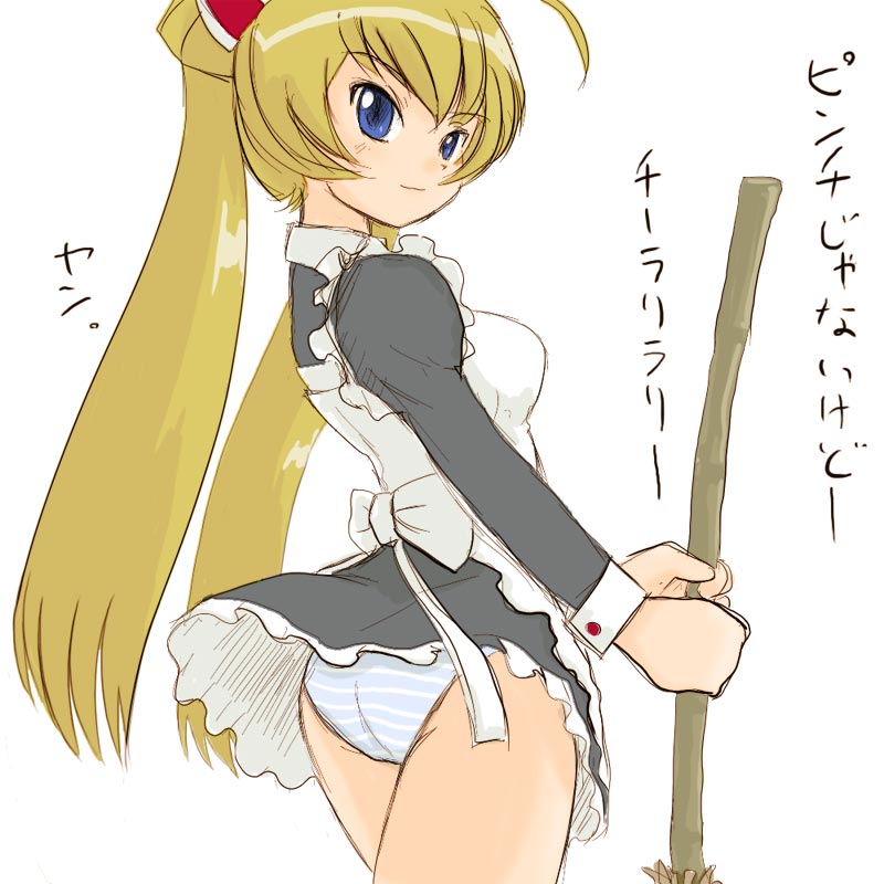 apron back black_dress blonde_hair blue_eyes blue_panties blush bow broom dress hair_ornament lingerie long_hair looking_back magikano mamiya_ayumi panties pantyshot pantyshot_(standing) petticoat pointy_chin short_dress solo standing striped striped_panties tied_hair twintails underwear upskirt wind_lift yuuichi_(tareme_paradise)