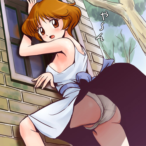 armpits ass brown_eyes brown_hair dress dress_lift great_detectives_poirot_and_marple haruyama lowres mable_west maybelle_west panties pantyshot pantyshot_(standing) poirot_and_marple short_hair standing underwear wind_lift window young