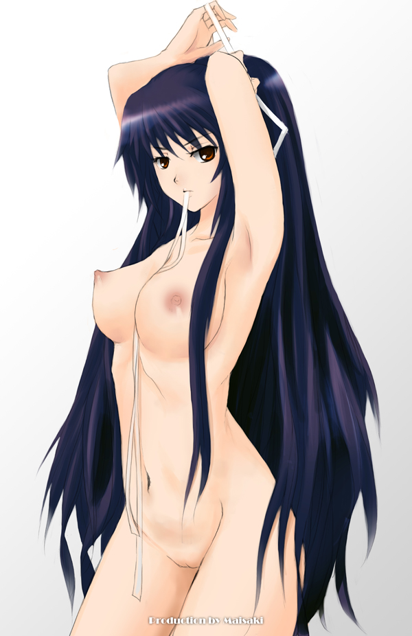 1girls arms_behind_head arms_up blue_hair breasts completely_nude completely_nude_female covered_nipples kanzaki_kaori kaori_kanzaki large_breasts long_hair looking_at_viewer maisaki medium_breasts mouth_hold photoshop_(medium) red_eyes solo to_aru_majutsu_no_index